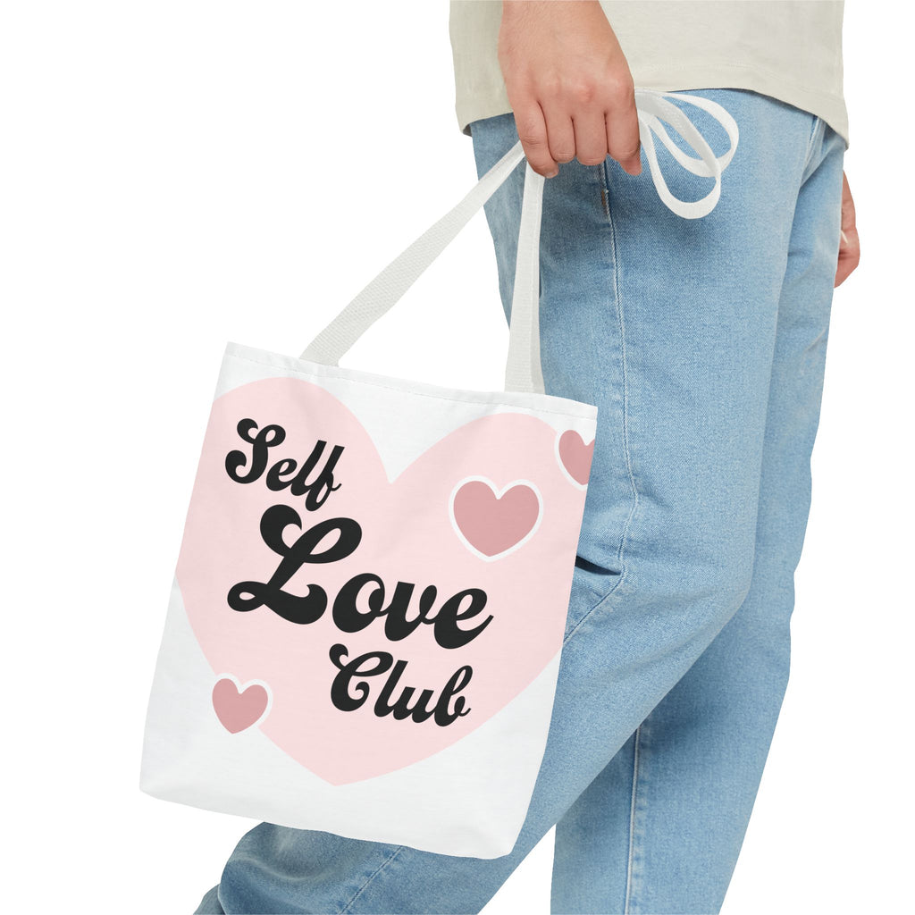 Self Love Club Tote Bag — Pink Heart Feminine Canvas Shoulder Bag