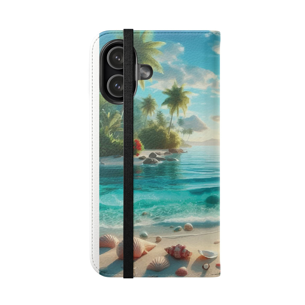 iPhone 17 Tropical Beach Flip Phone Case – Sunset Palm Wallet Cover with Seashell Design