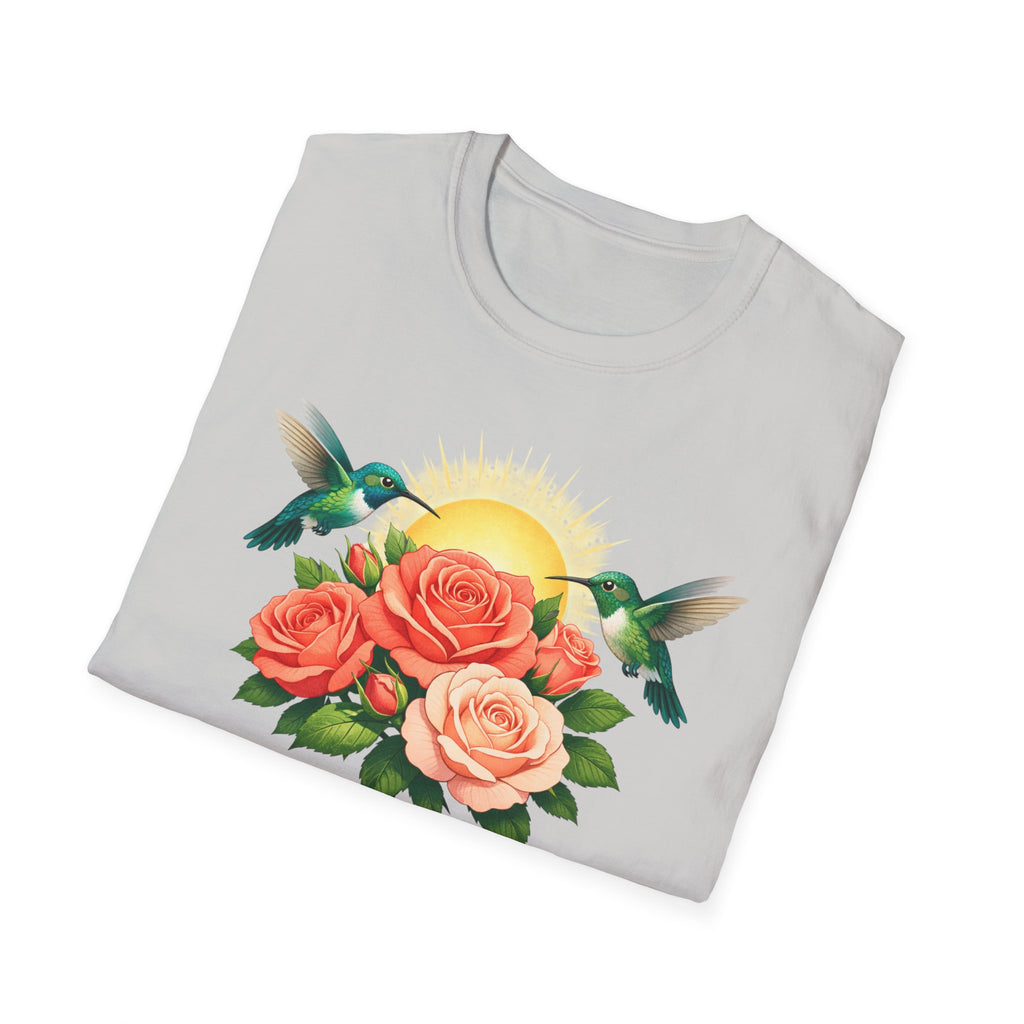 Floral Sunrise T-Shirt — Hummingbirds & Roses Graphic Tee