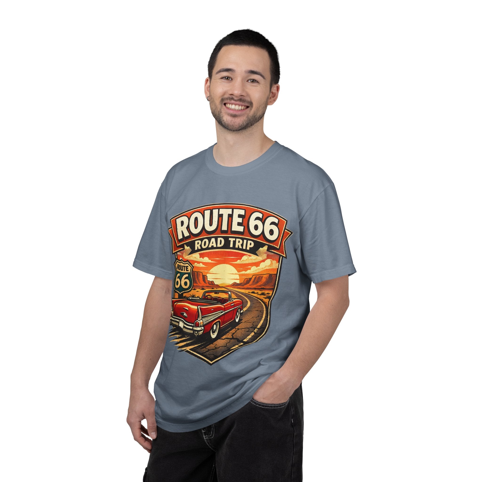 Route 66 Road Trip T-Shirt — Vintage Sunset Classic Car Tee