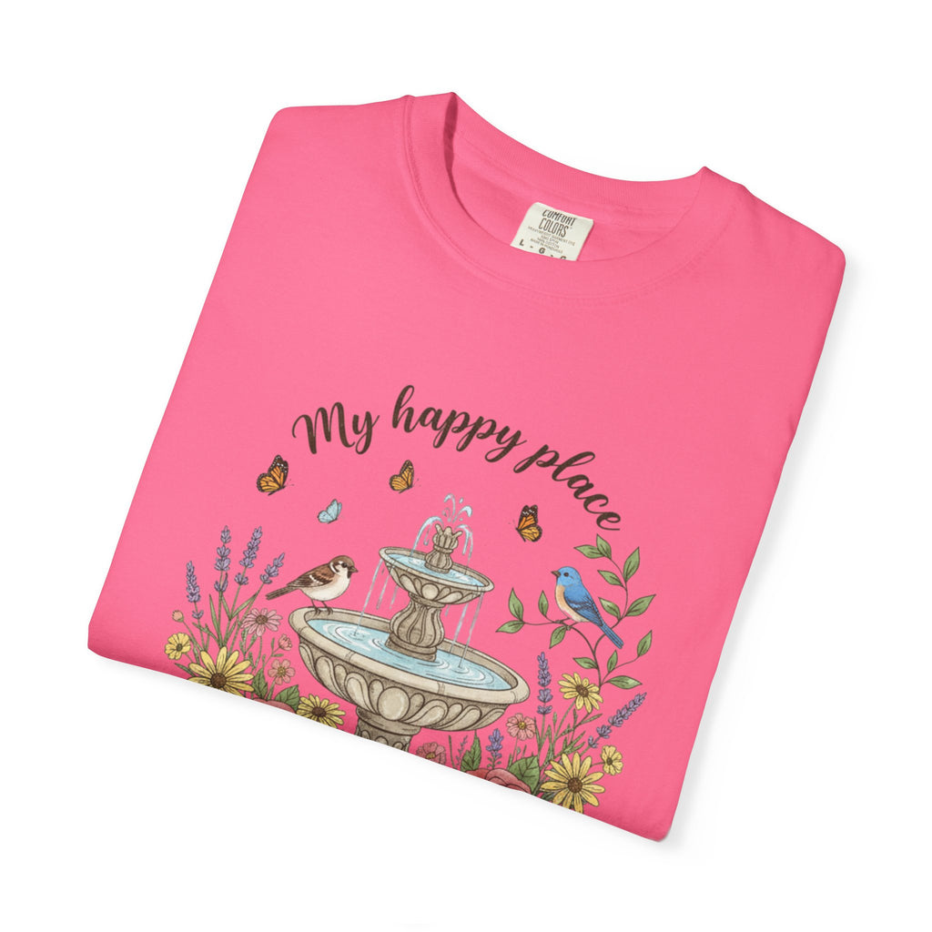 Garden T-Shirt — “My Happy Place My Garden” Floral Fountain Tee