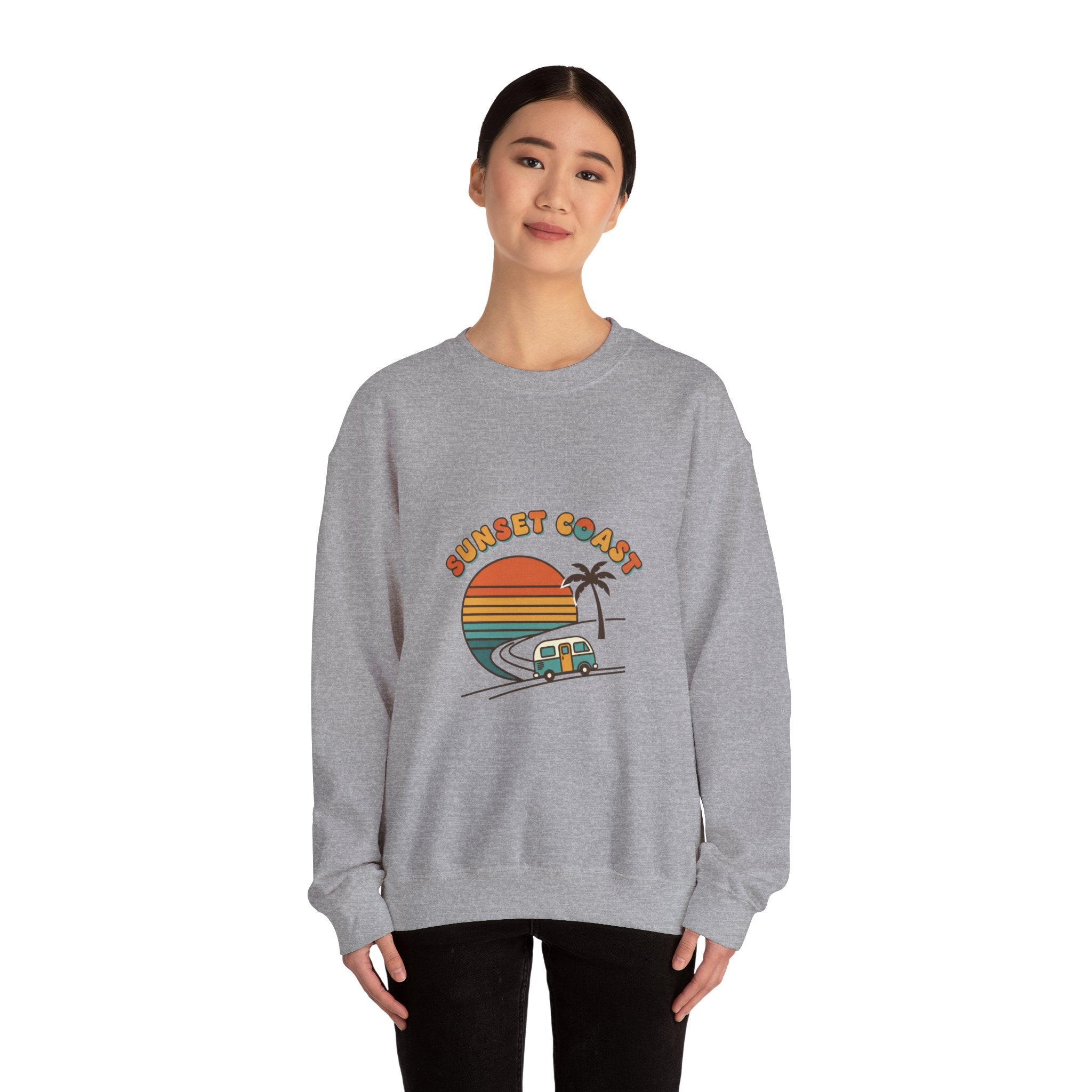 Sunset Coast Camper Crewneck Sweatshirt | 70s Sunset, Retro Surf Graphic