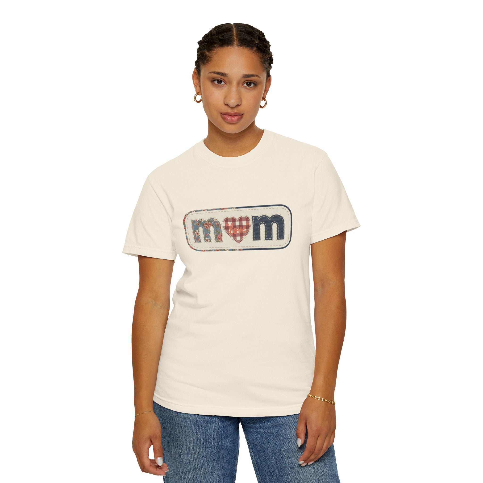 Mom  Faux Patch T-Shirt —Faux Plaid Heart Vintage Mom Tee