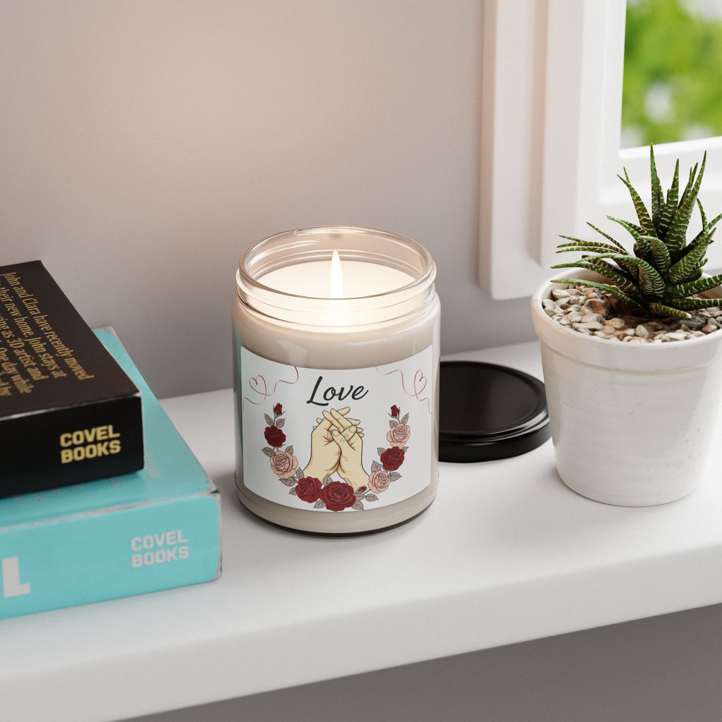 Love Hands Soy Candle — 9oz Scented Jar Candle with Rose Wreath (Romantic Gift)