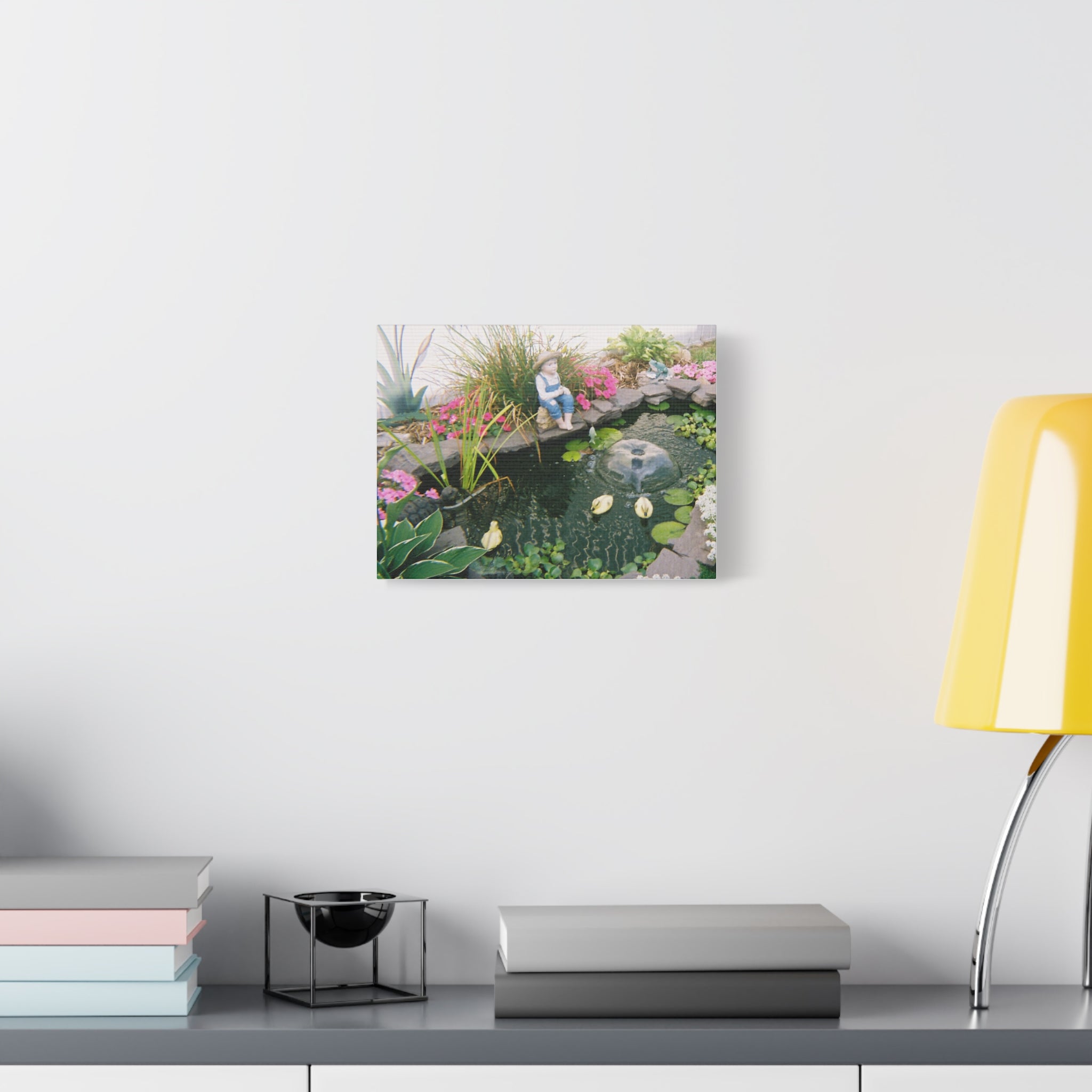 Garden Pond Canvas Wall Art — Tranquil Koi Fountain with Boy Statue, Matte Stretched 1.25"
