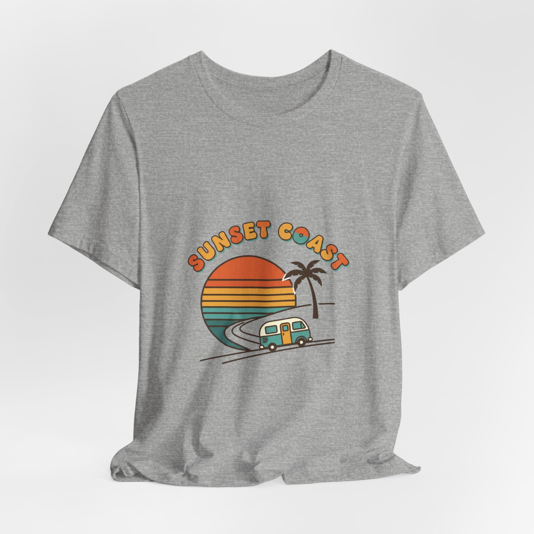 Sunset Coast Retro Surf Graphic Tee | 70s Sunset Shirt, Vintage Palm Postcard