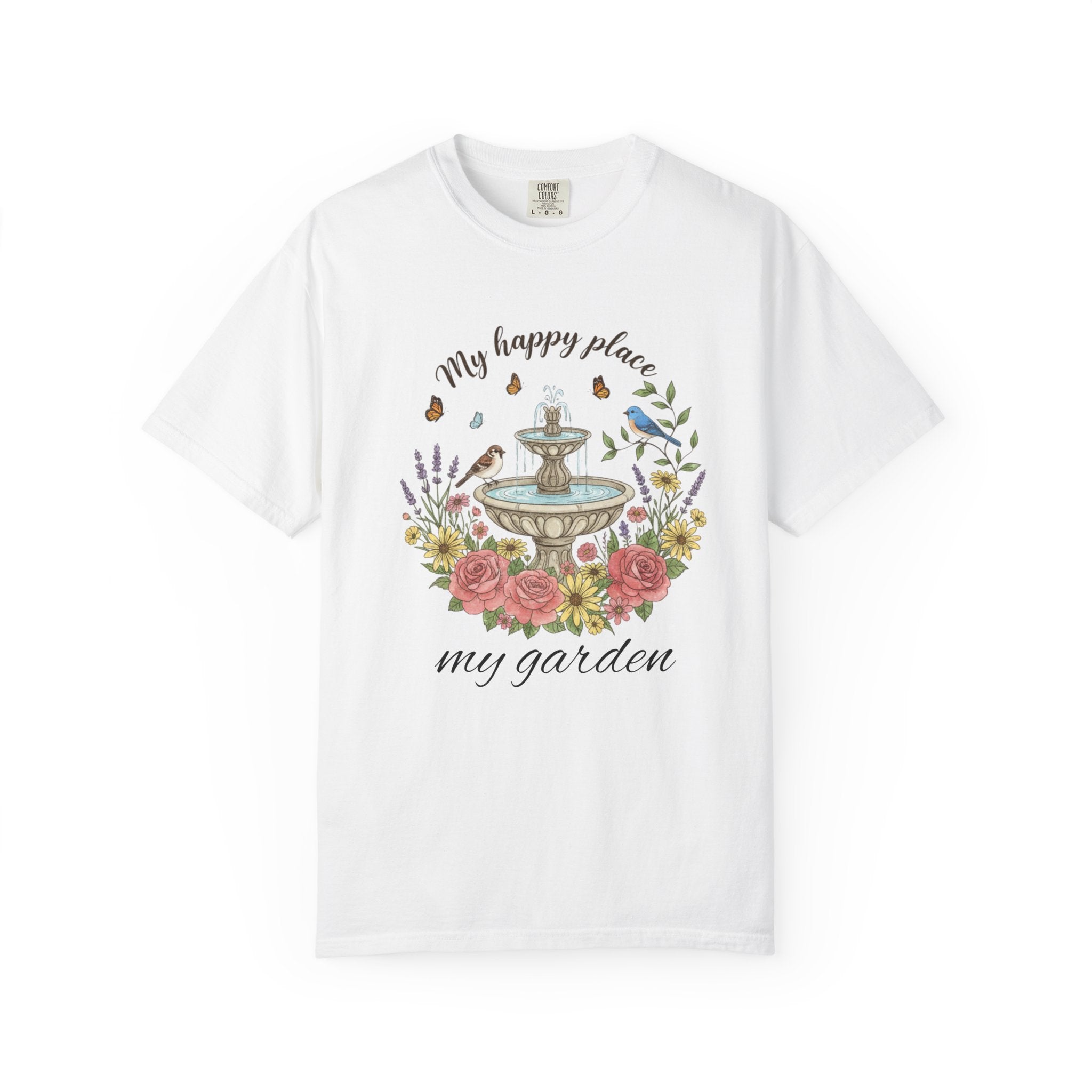 Garden T-Shirt — “My Happy Place My Garden” Floral Fountain Tee