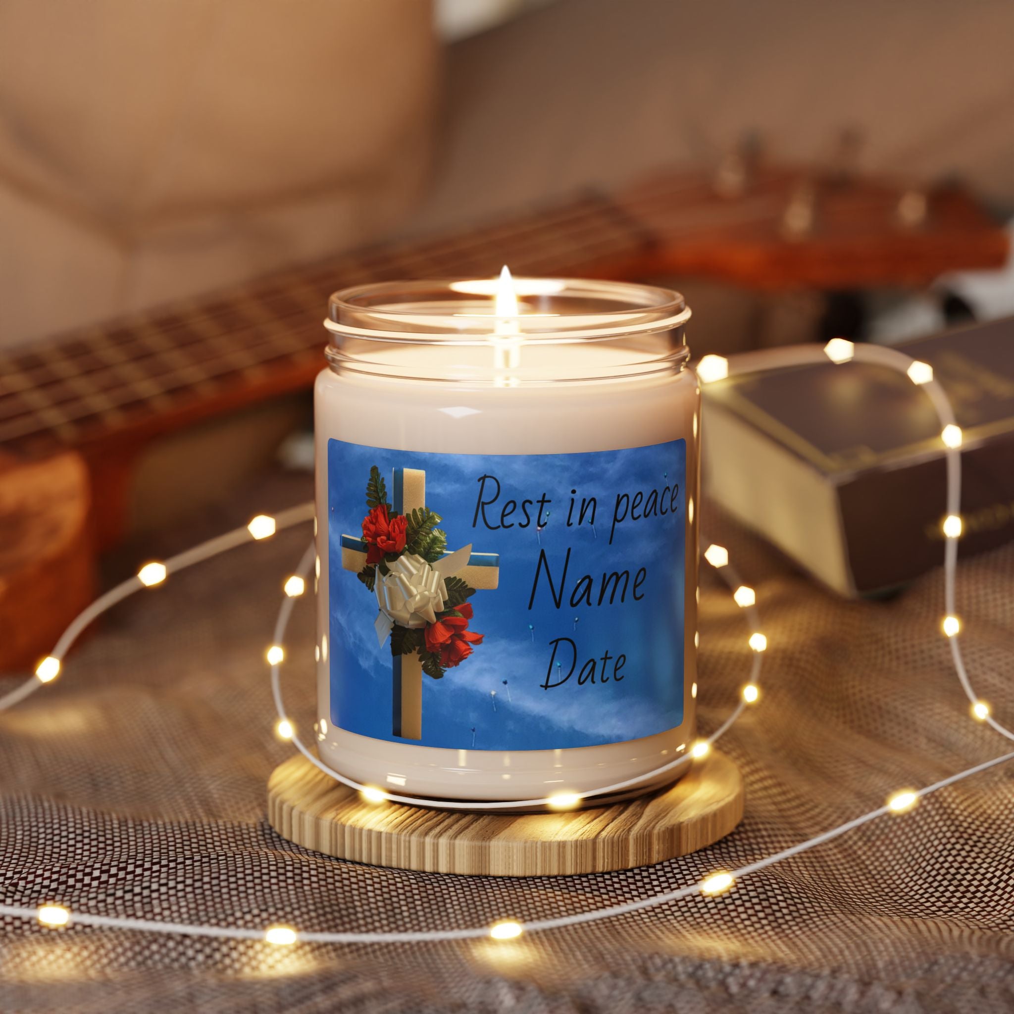 Memorial Soy Candle — Cross with Roses "Rest in Peace" (Personalize Name & Date)