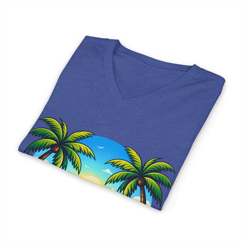 Tropical Sunset V-Neck Tee — Hawaiian Palm & Hibiscus Beach Shirt
