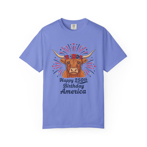 250th Birthday America T-Shirt — Patriotic Longhorn Cow Graphic Tee