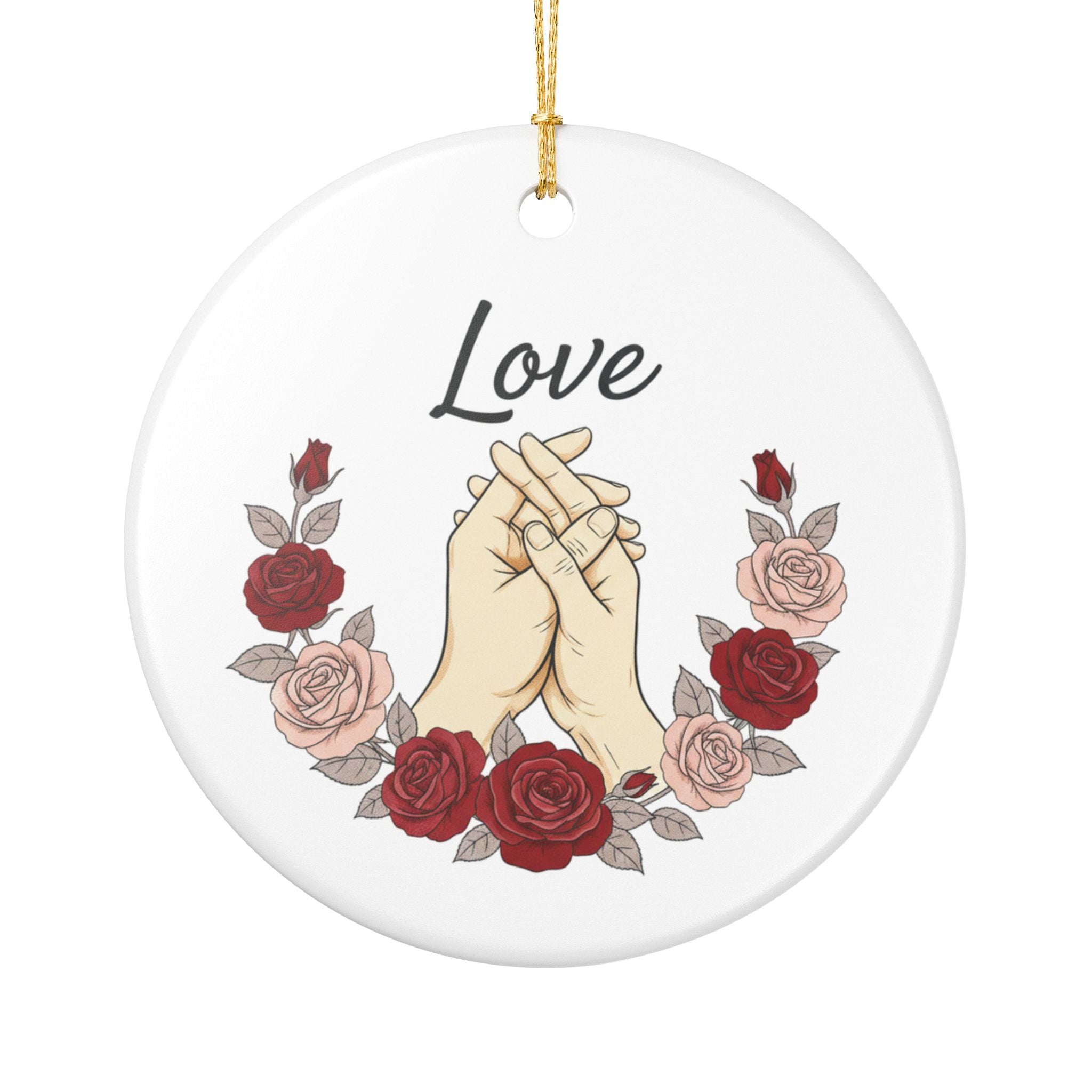 Loving Hands Roses Ceramic Ornament – 'Love' Script Decoration
