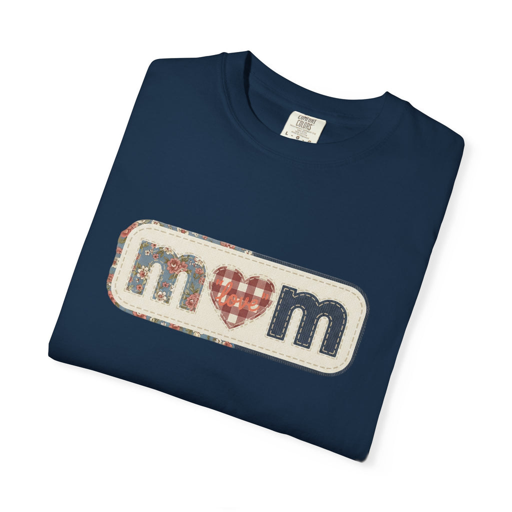 Mom  Faux Patch T-Shirt —Faux Plaid Heart Vintage Mom Tee