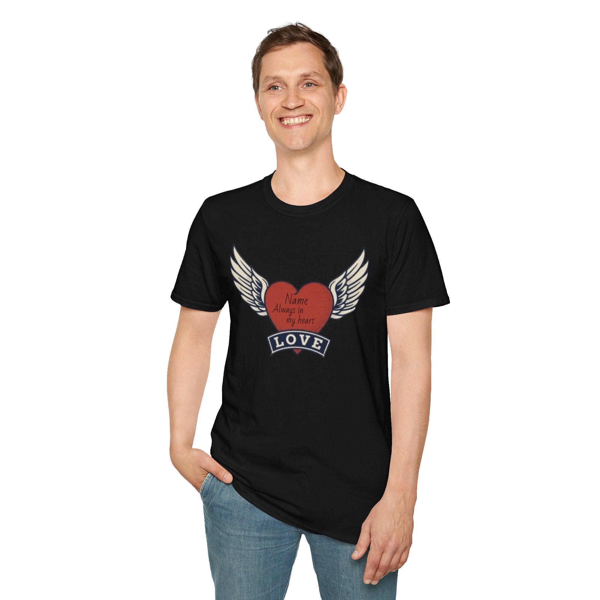 Memorial Heart Wings T-Shirt — Personalized 'Love, Remember' with Name & Date