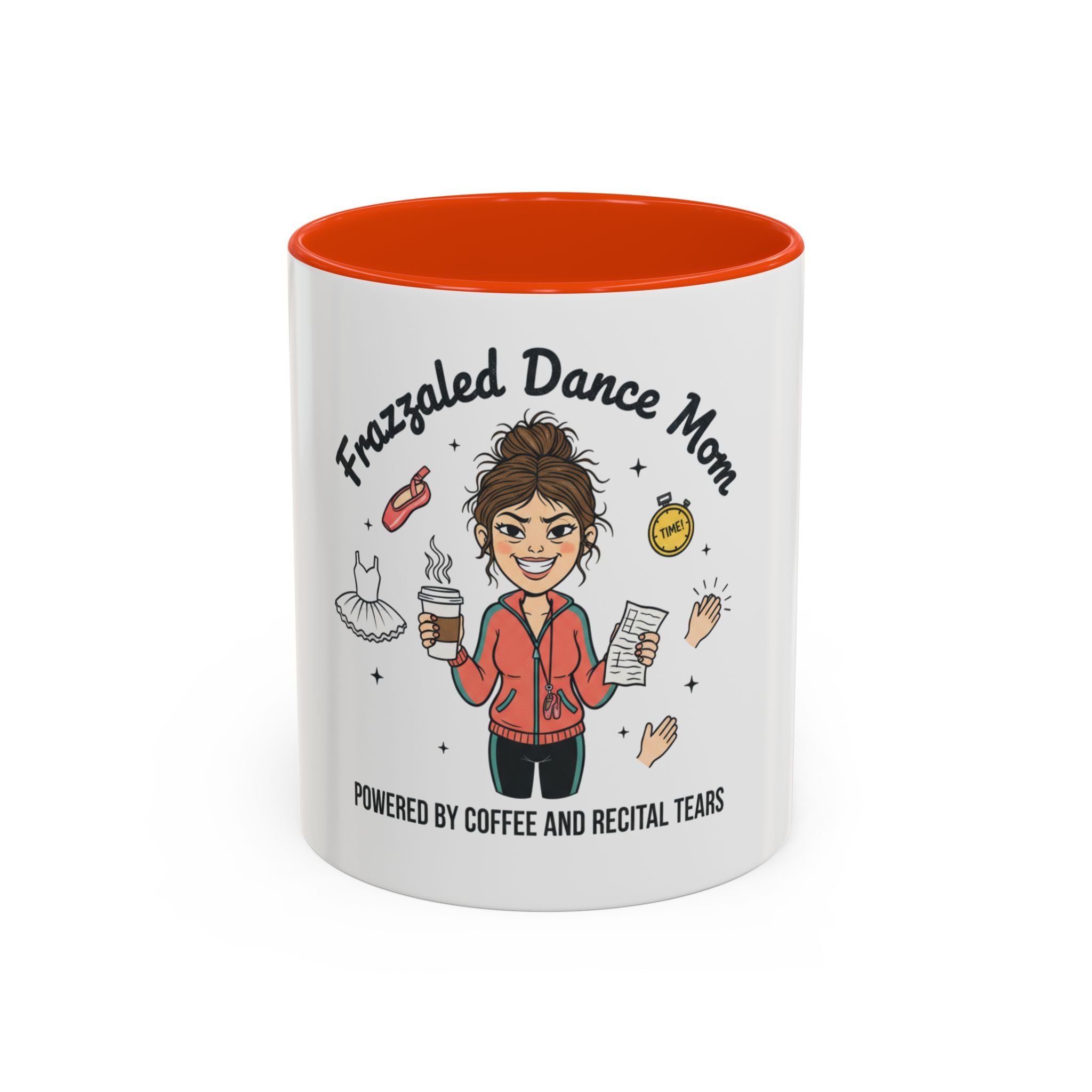 Frazzled Dance Mom Mug — "Powered by Coffee and Recital Tears" (11oz/15oz)