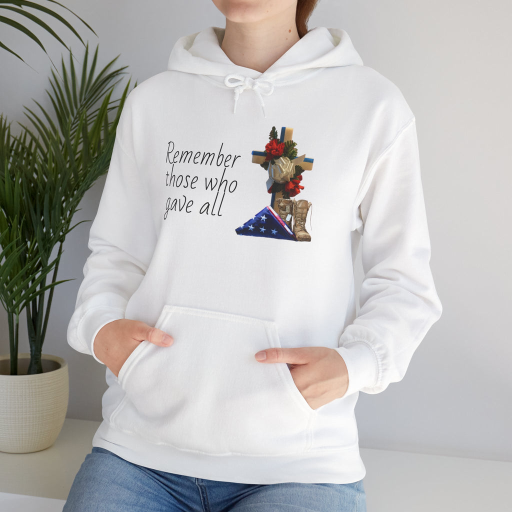 Patriotic Fallen Soldier Hoodie — Folded Flag, Combat Boots & Cross with Red Roses