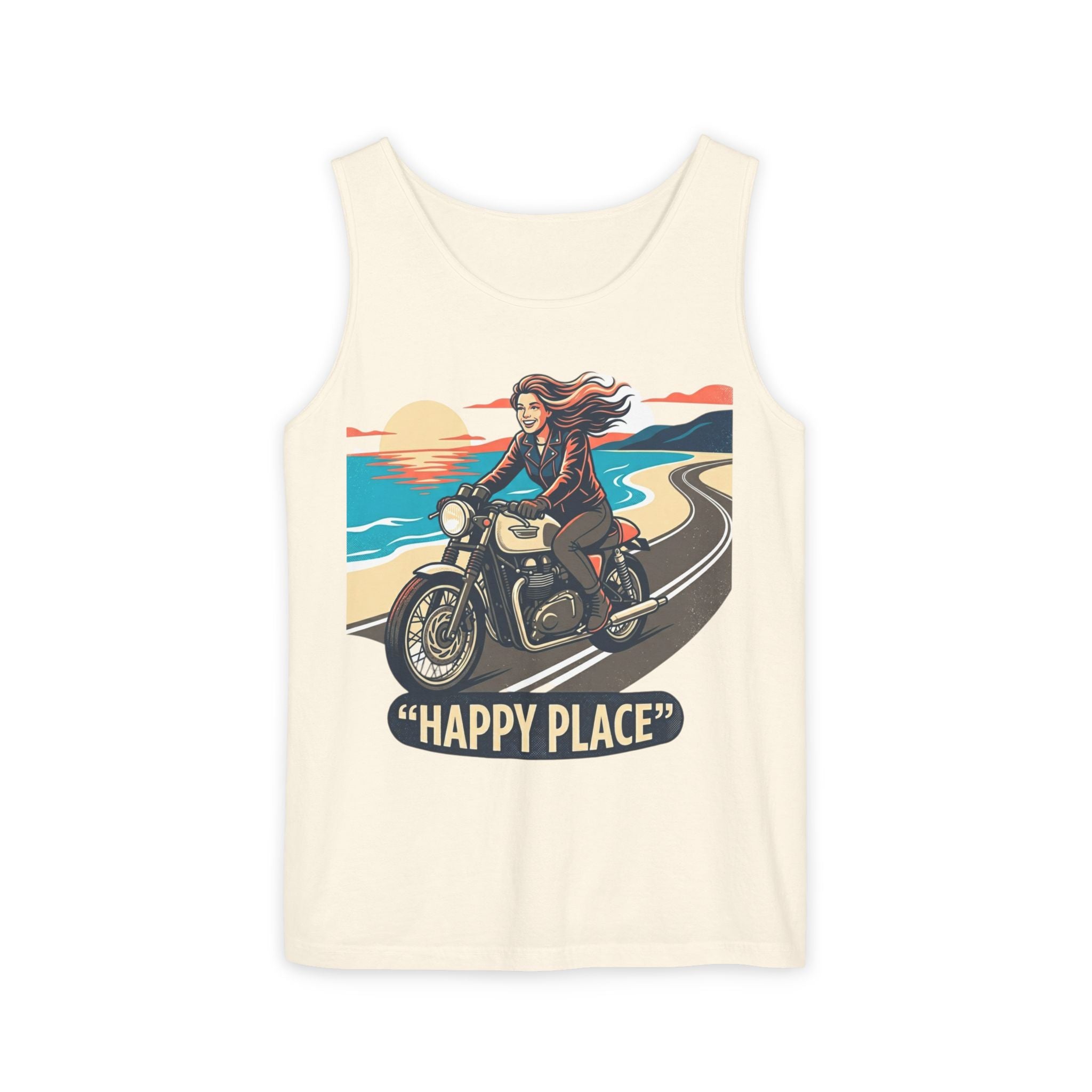 Motorcycle Tank Top — "Happy Place" Beach Ride Graphic Tank