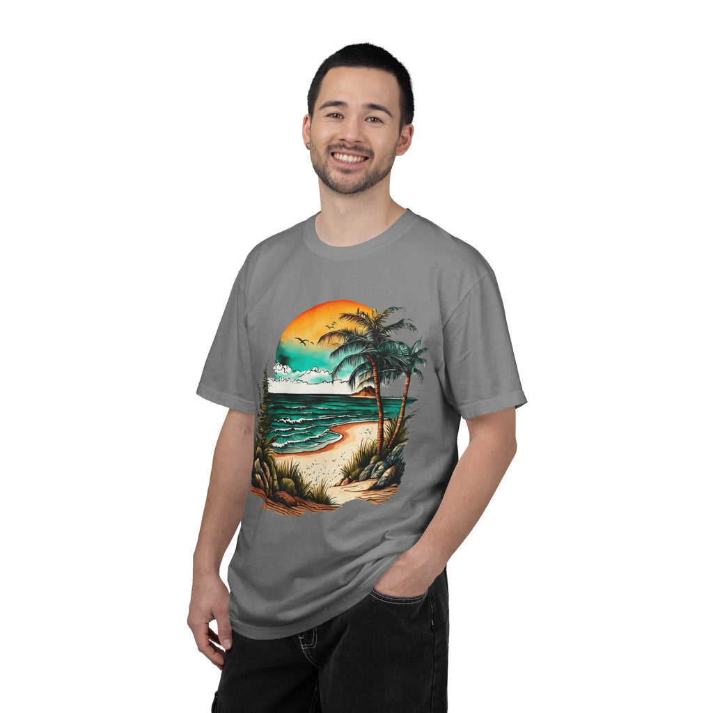Beach Sunset T-Shirt — Vintage Tropical Palm Surf Graphic