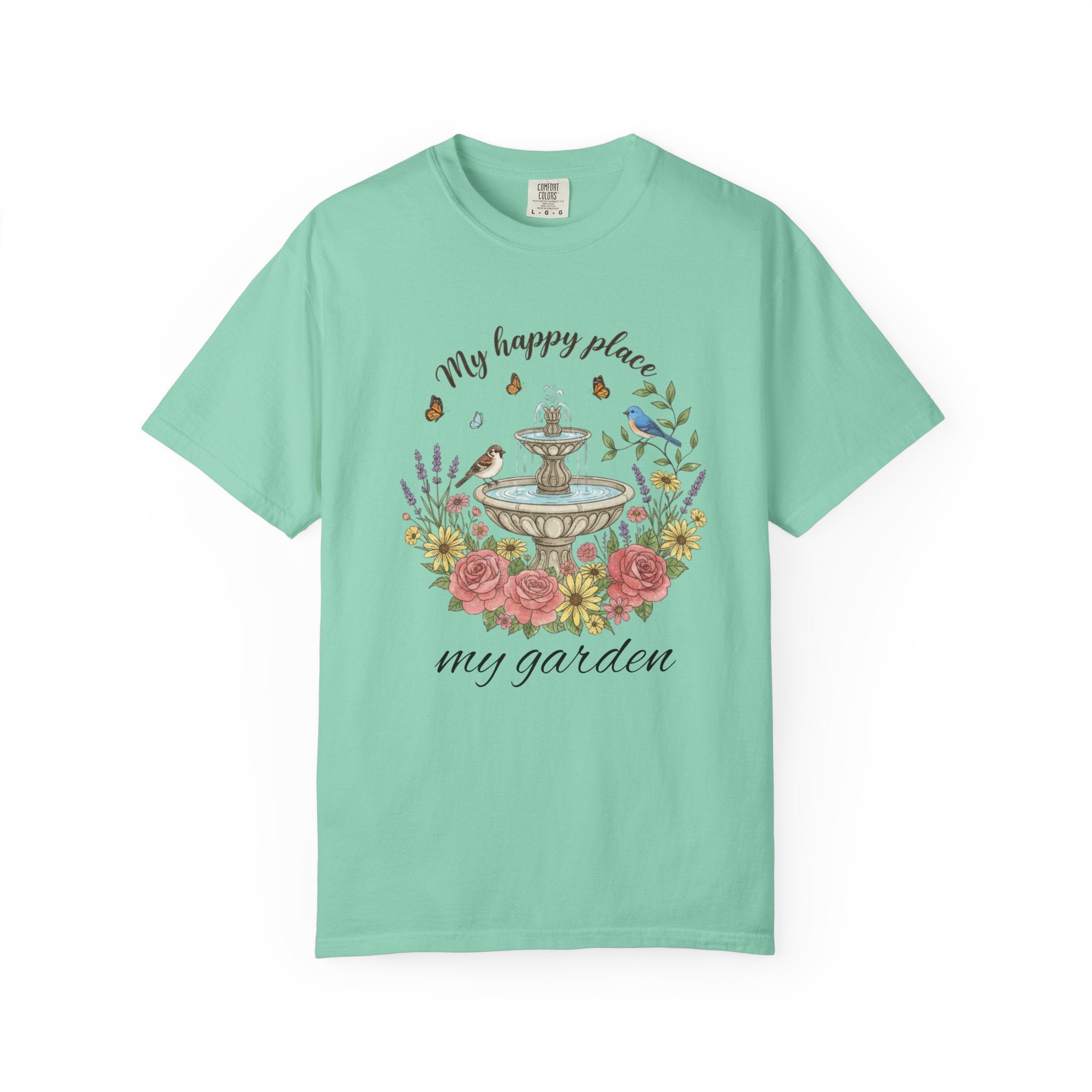Garden T-Shirt — “My Happy Place My Garden” Floral Fountain Tee