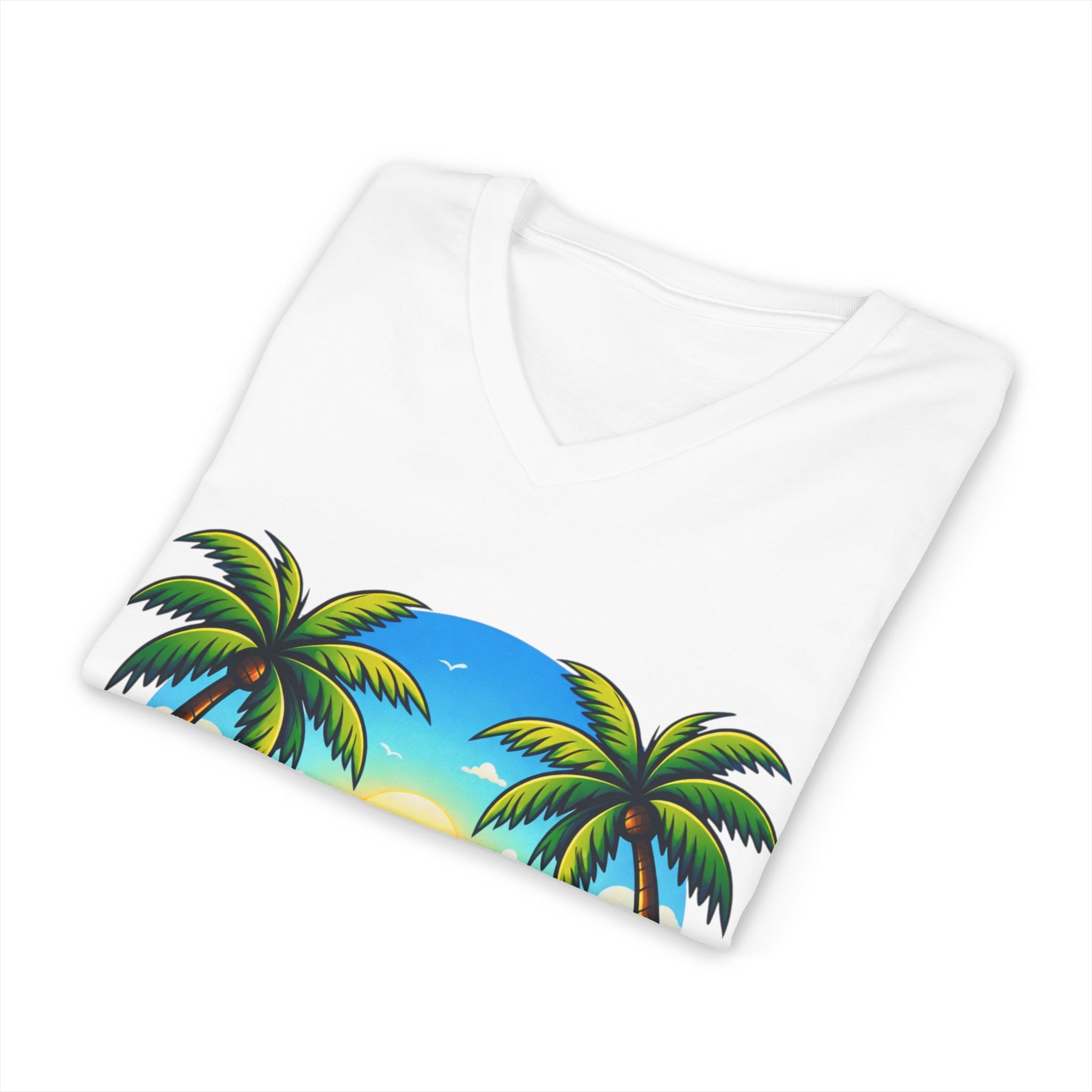 Tropical Sunset V-Neck Tee — Hawaiian Palm & Hibiscus Beach Shirt
