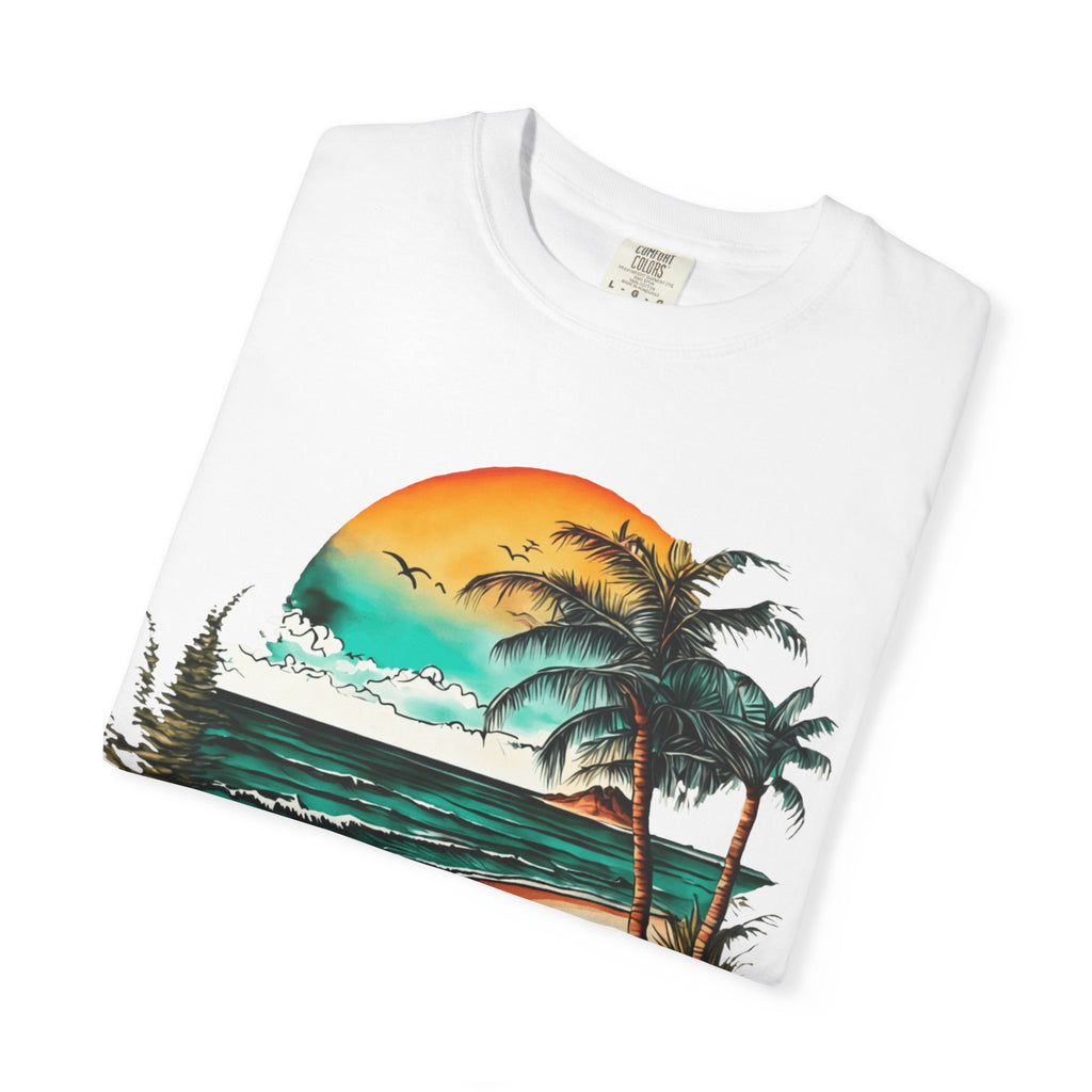 Beach Sunset T-Shirt — Vintage Tropical Palm Surf Graphic