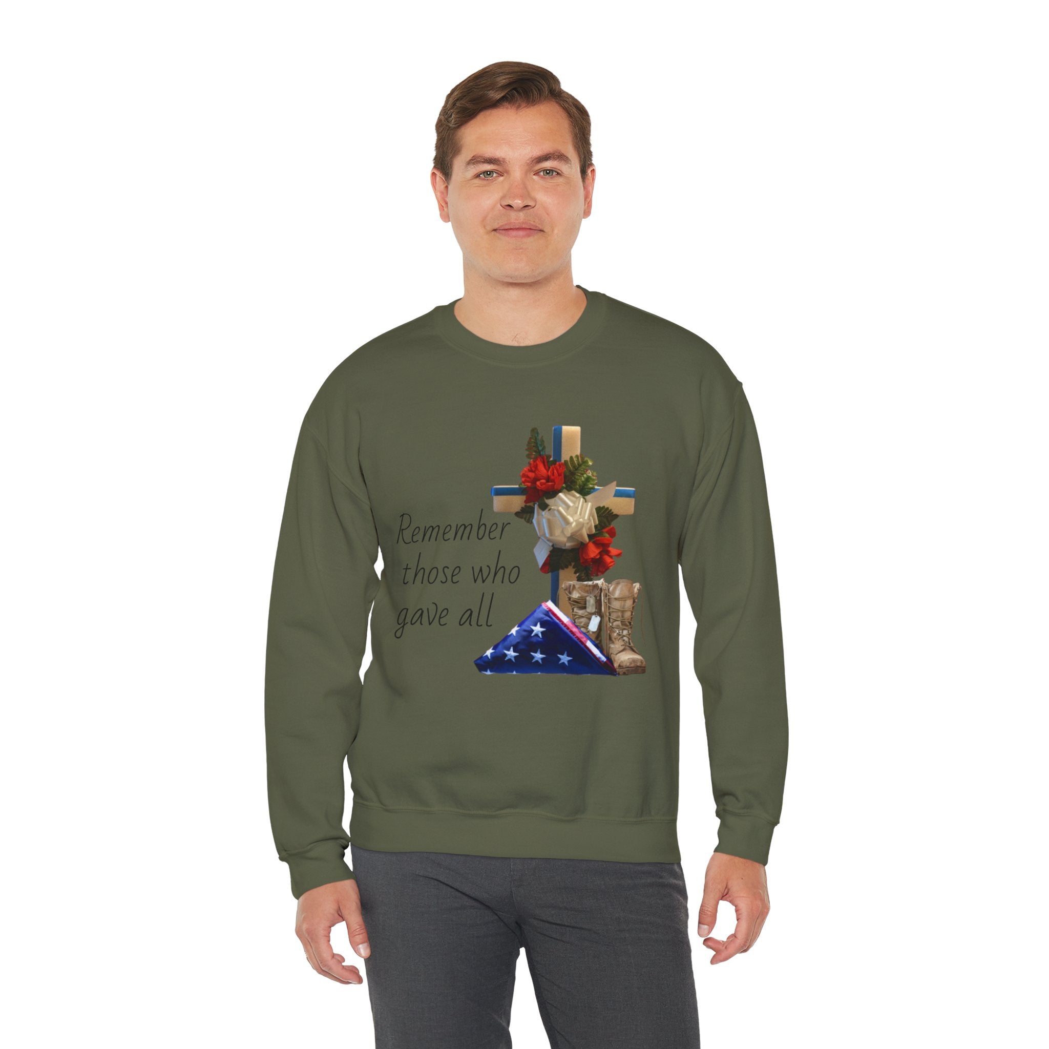 Memorial Cross Sweatshirt — "Remember Those Who Gave All" Veterans Tribute Crewneck