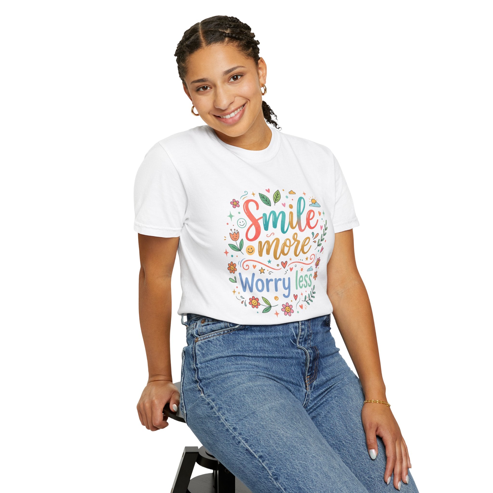 Smile More Worry Less T-Shirt — Floral Positive Message Tee