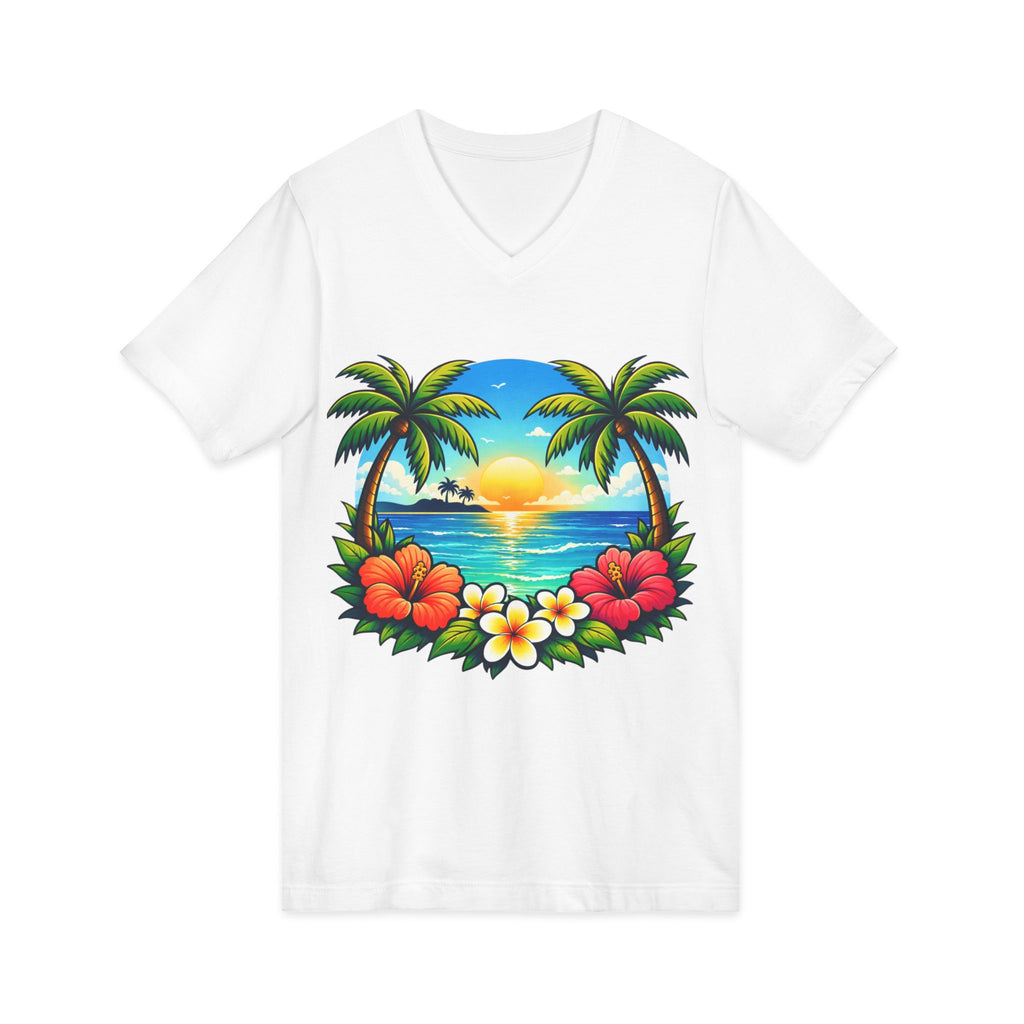 Tropical Sunset V-Neck Tee — Hawaiian Palm & Hibiscus Beach Shirt