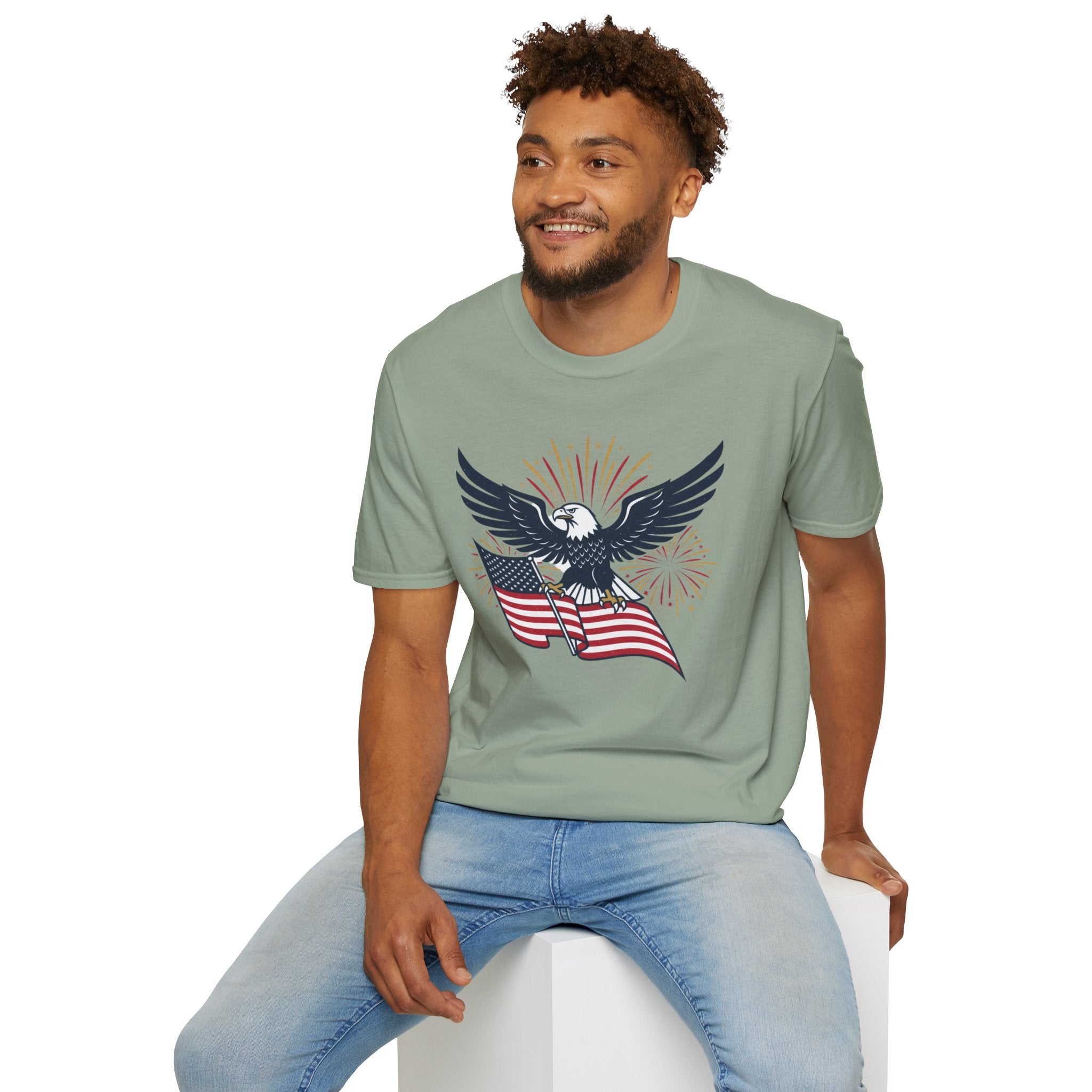 Patriotic Eagle T-Shirt — American Flag & Fireworks Graphic
