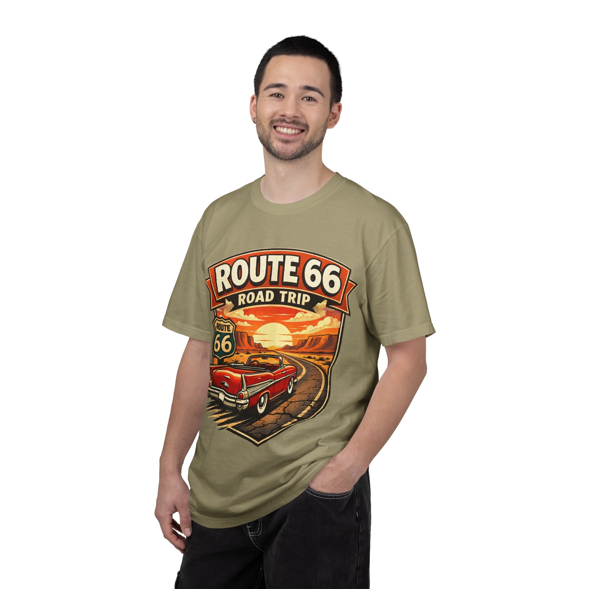 Route 66 Road Trip T-Shirt — Vintage Sunset Classic Car Tee