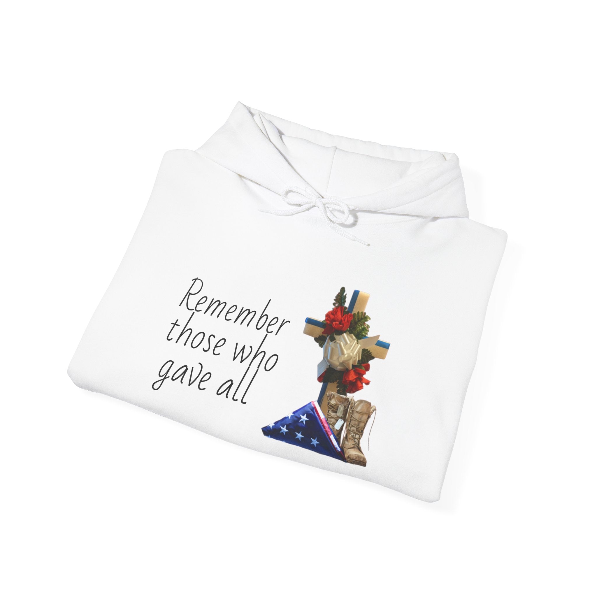 Patriotic Fallen Soldier Hoodie — Folded Flag, Combat Boots & Cross with Red Roses