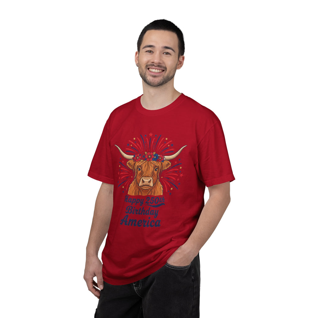 250th Birthday America T-Shirt — Patriotic Longhorn Cow Graphic Tee