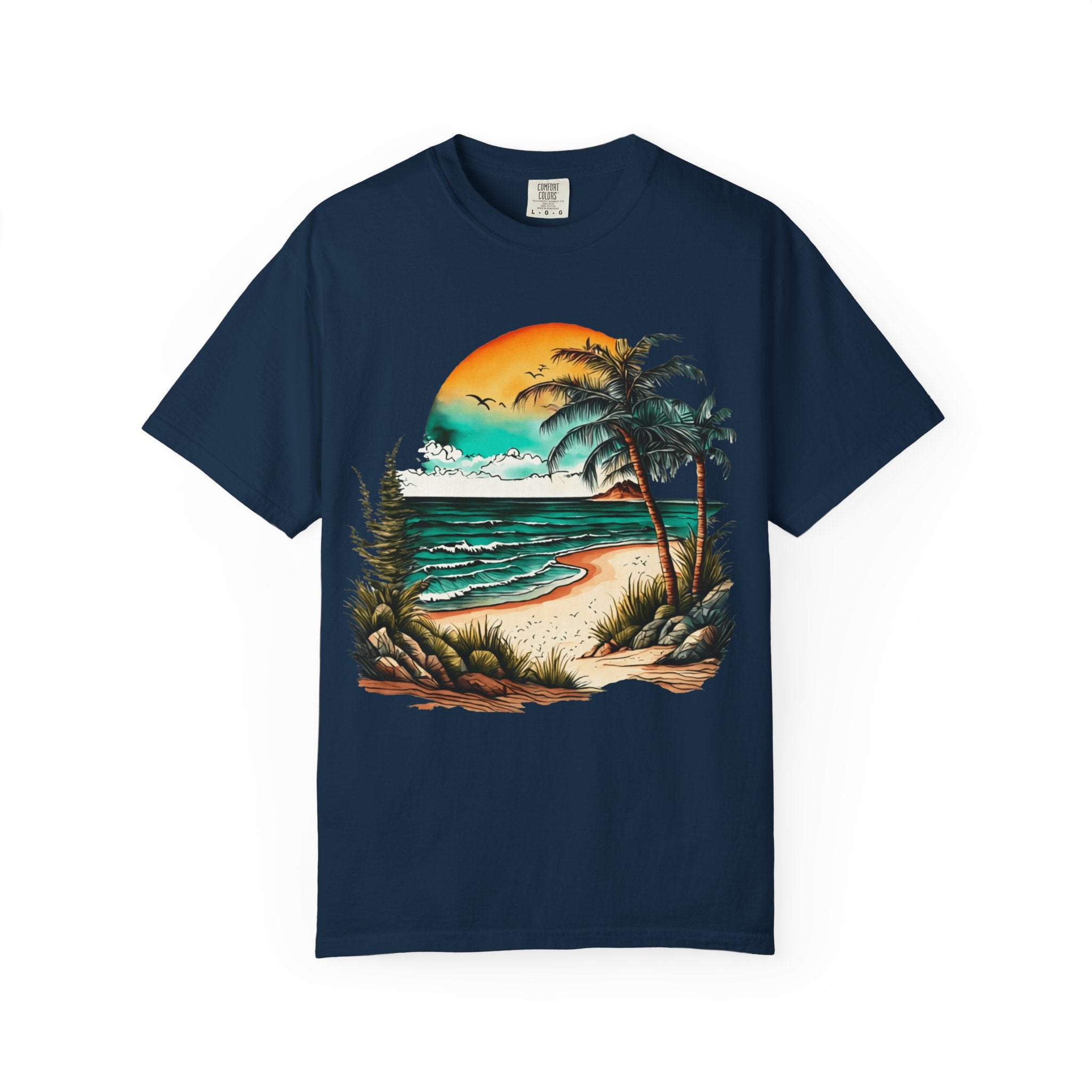 Beach Sunset T-Shirt — Vintage Tropical Palm Surf Graphic