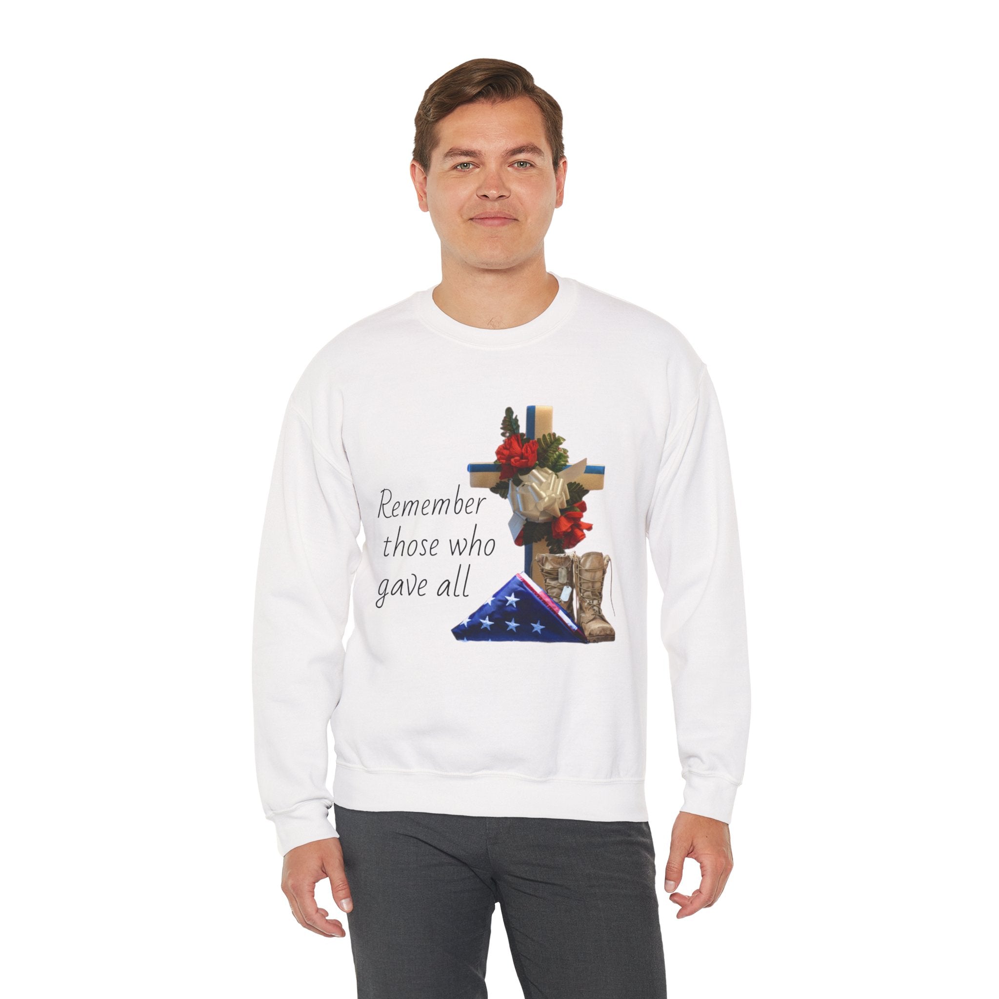 Memorial Cross Sweatshirt — "Remember Those Who Gave All" Veterans Tribute Crewneck