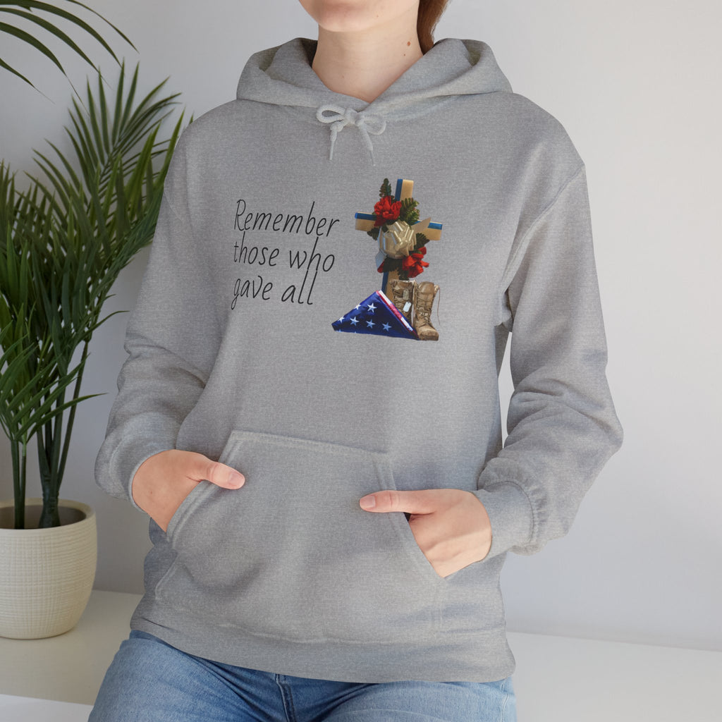 Patriotic Fallen Soldier Hoodie — Folded Flag, Combat Boots & Cross with Red Roses