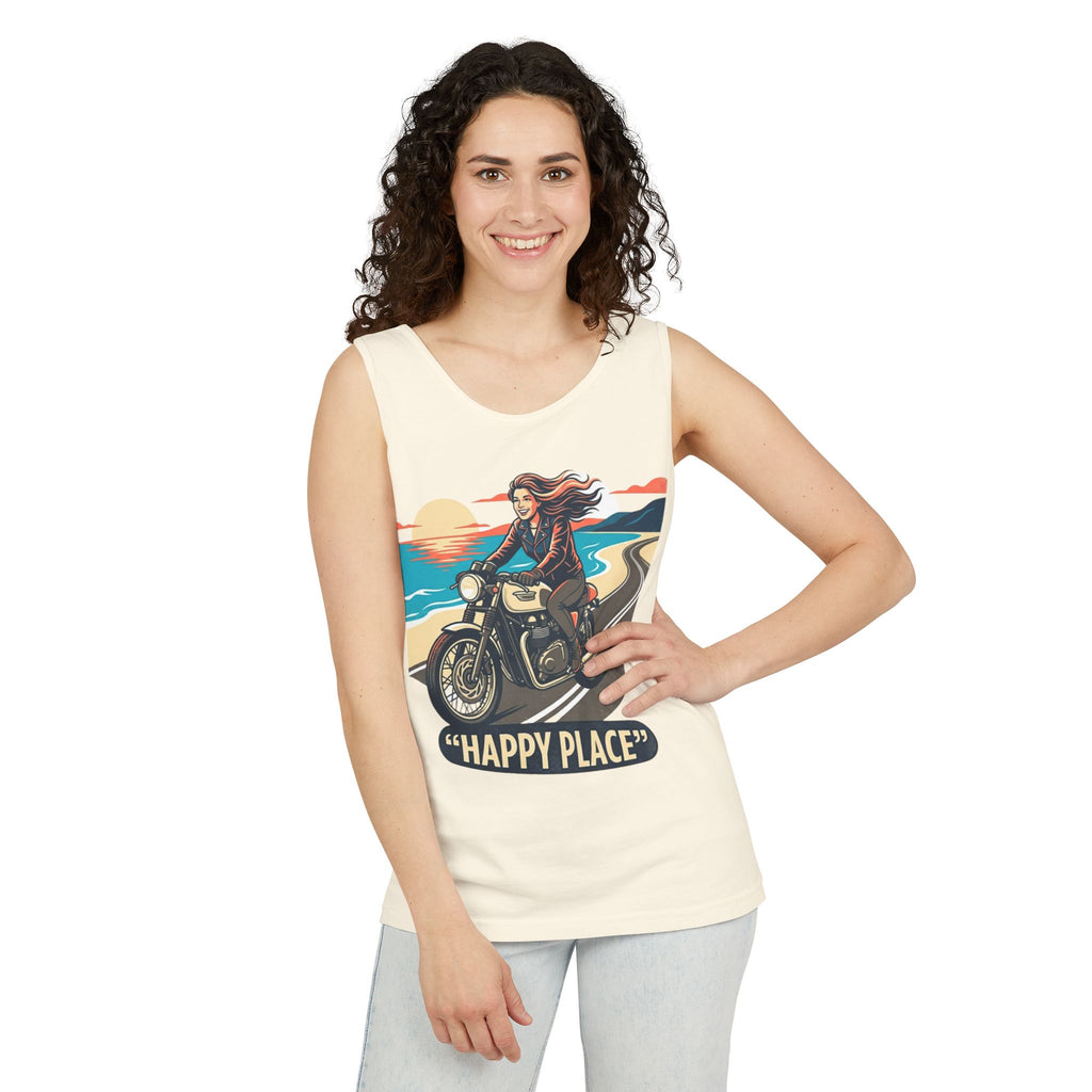 Motorcycle Tank Top — "Happy Place" Beach Ride Graphic Tank