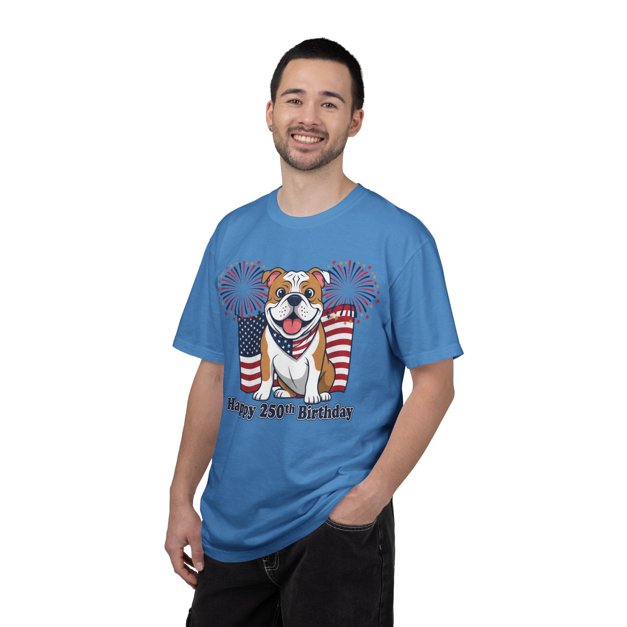 Patriotic Bulldog T-Shirt — “Happy 250th Birthday” American Flag Fireworks Tee