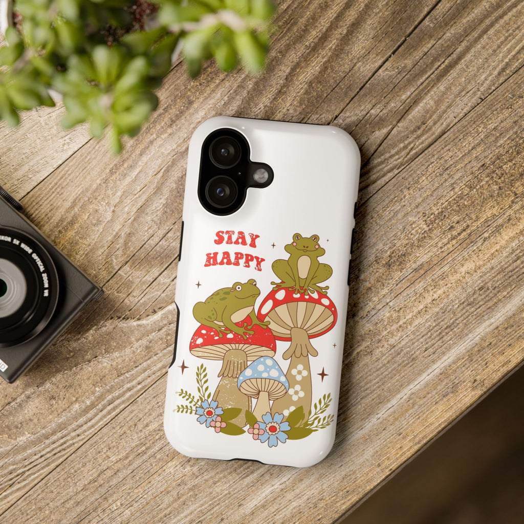 iPhone 17 Phone Case 'Stay Happy' Frogs on Mushrooms Impact-Resistant Case