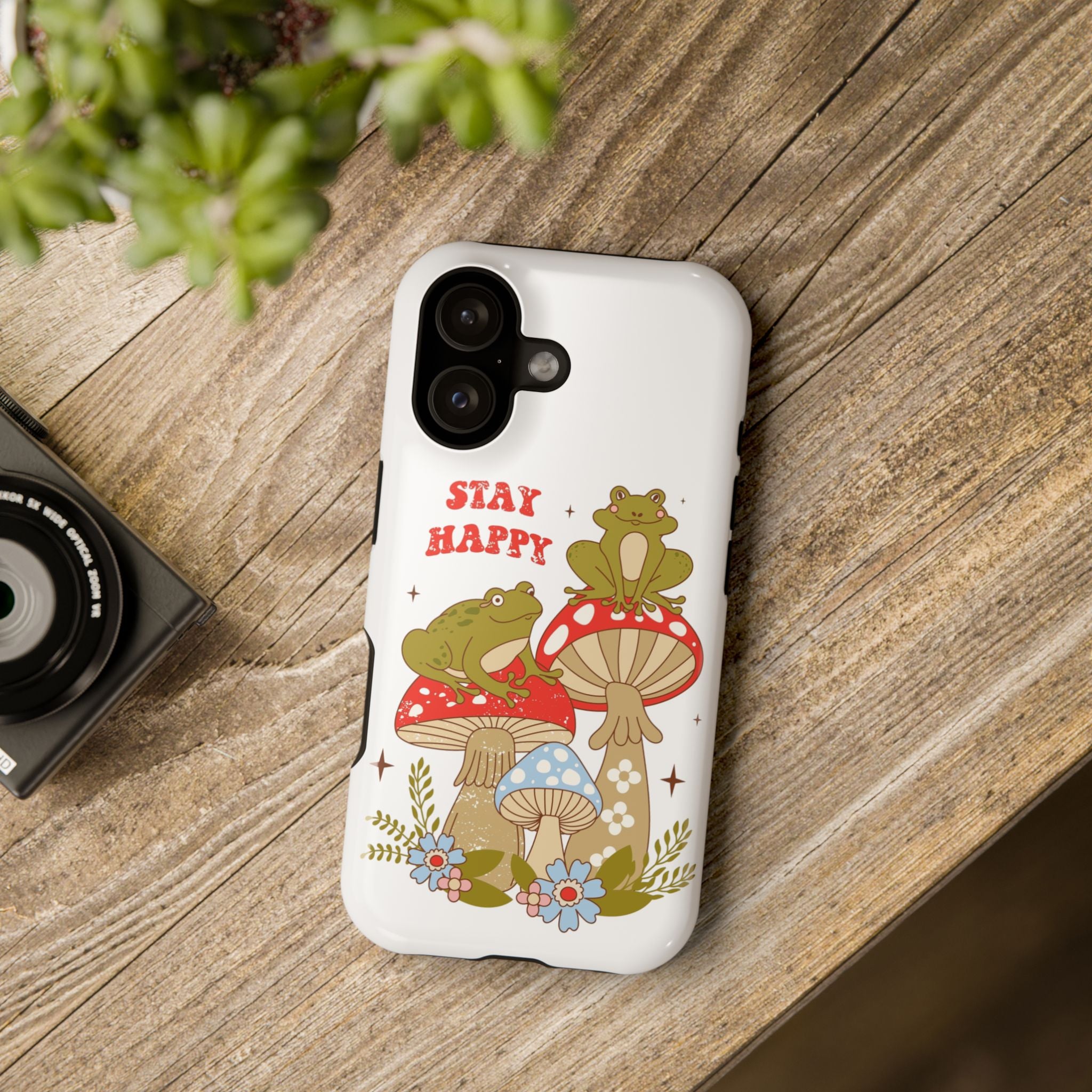 iPhone 17 Phone Case 'Stay Happy' Frogs on Mushrooms Impact-Resistant Case
