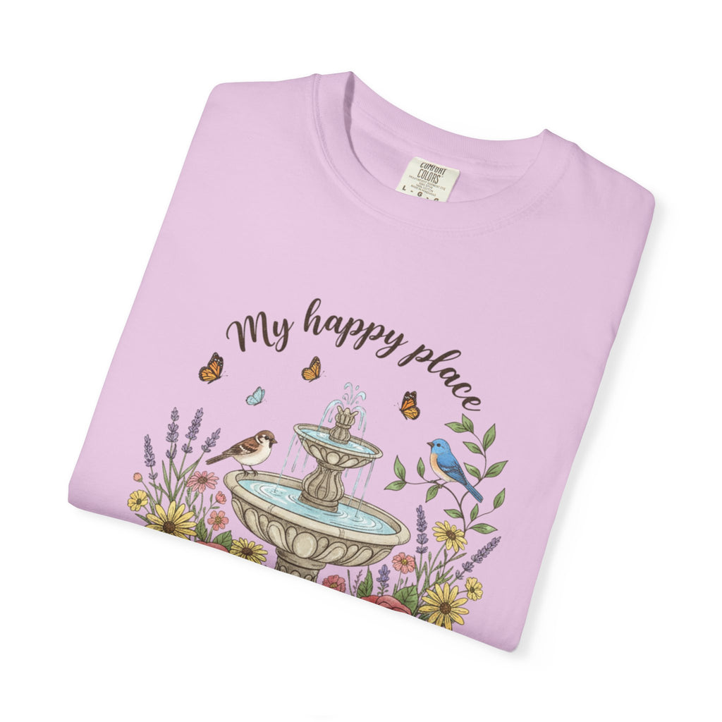 Garden T-Shirt — “My Happy Place My Garden” Floral Fountain Tee