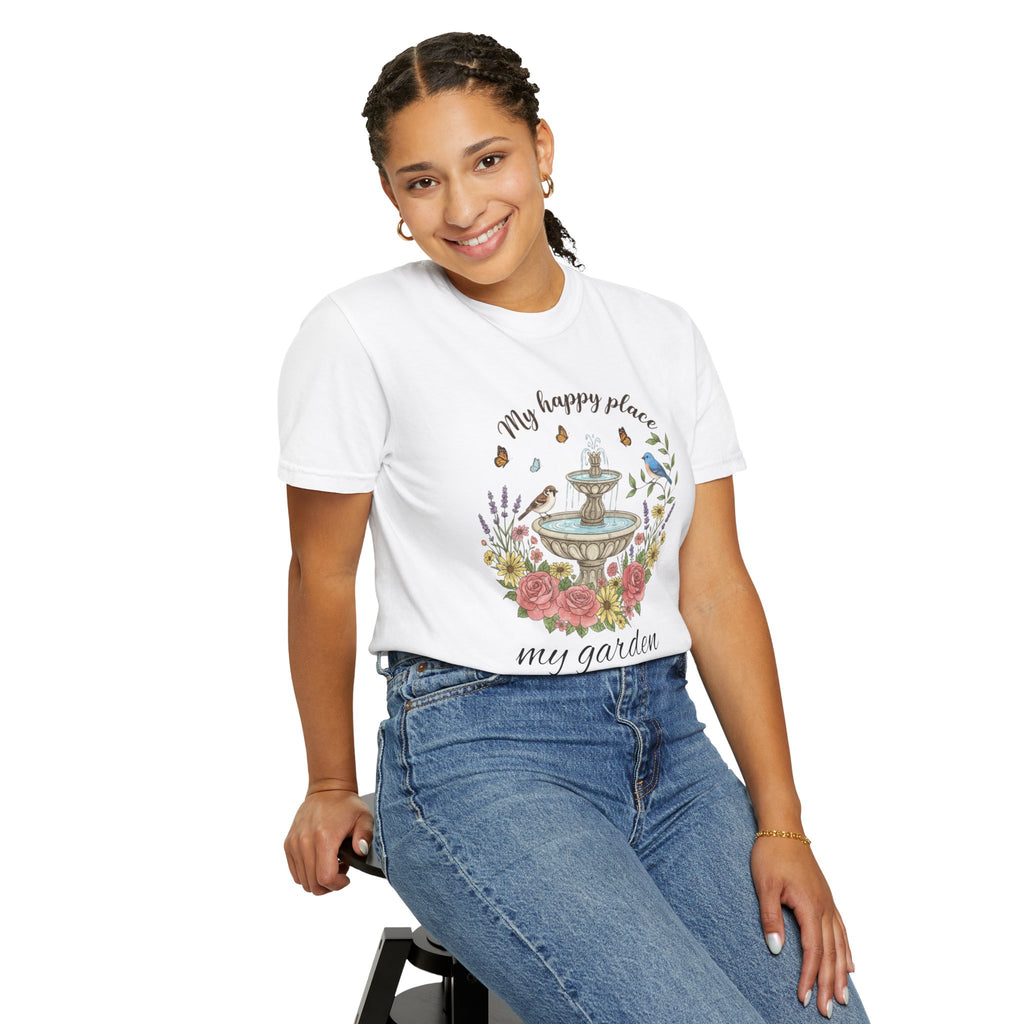 Garden T-Shirt — “My Happy Place My Garden” Floral Fountain Tee