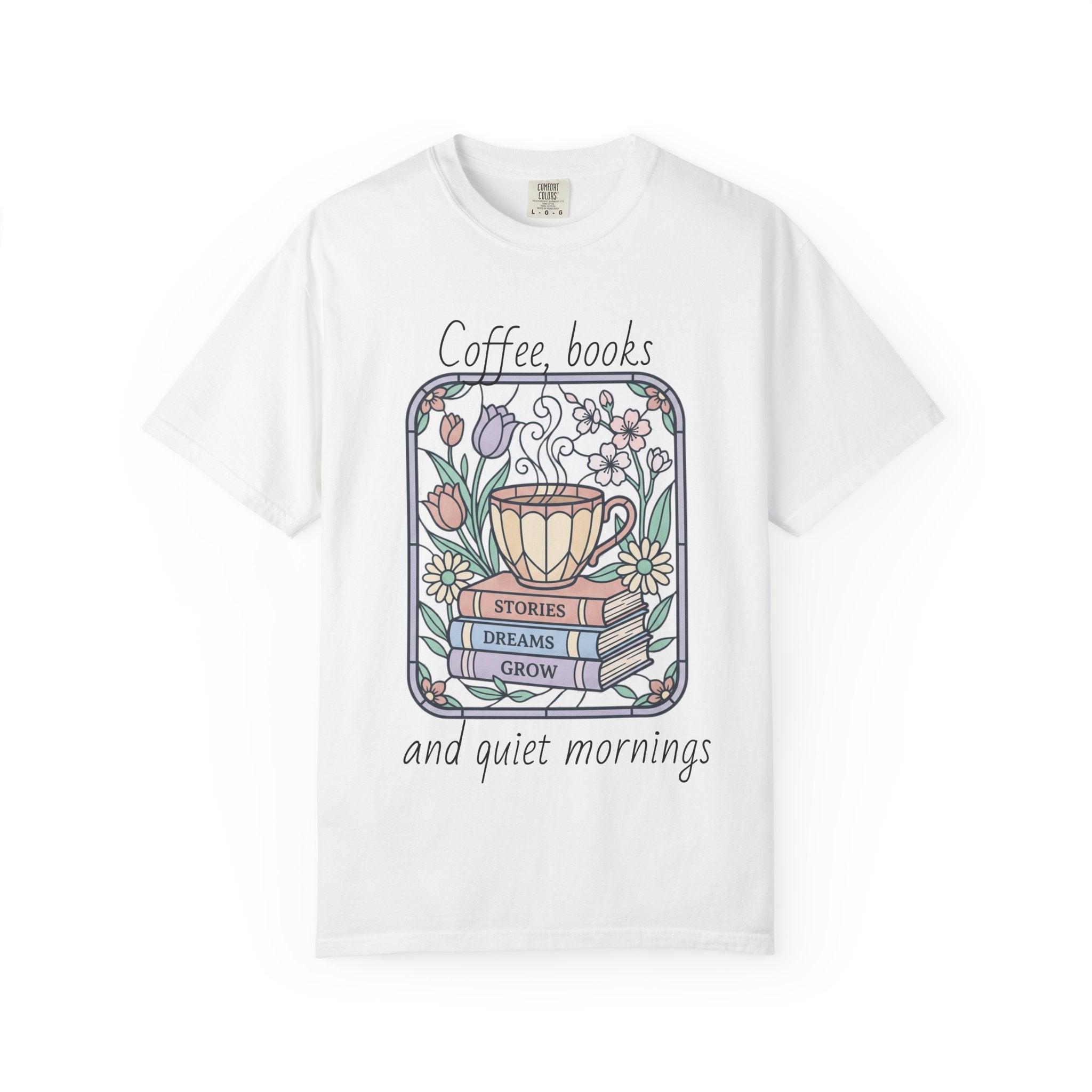 Coffee & Books Morning T-Shirt — Pastel Quiet Mornings Tee