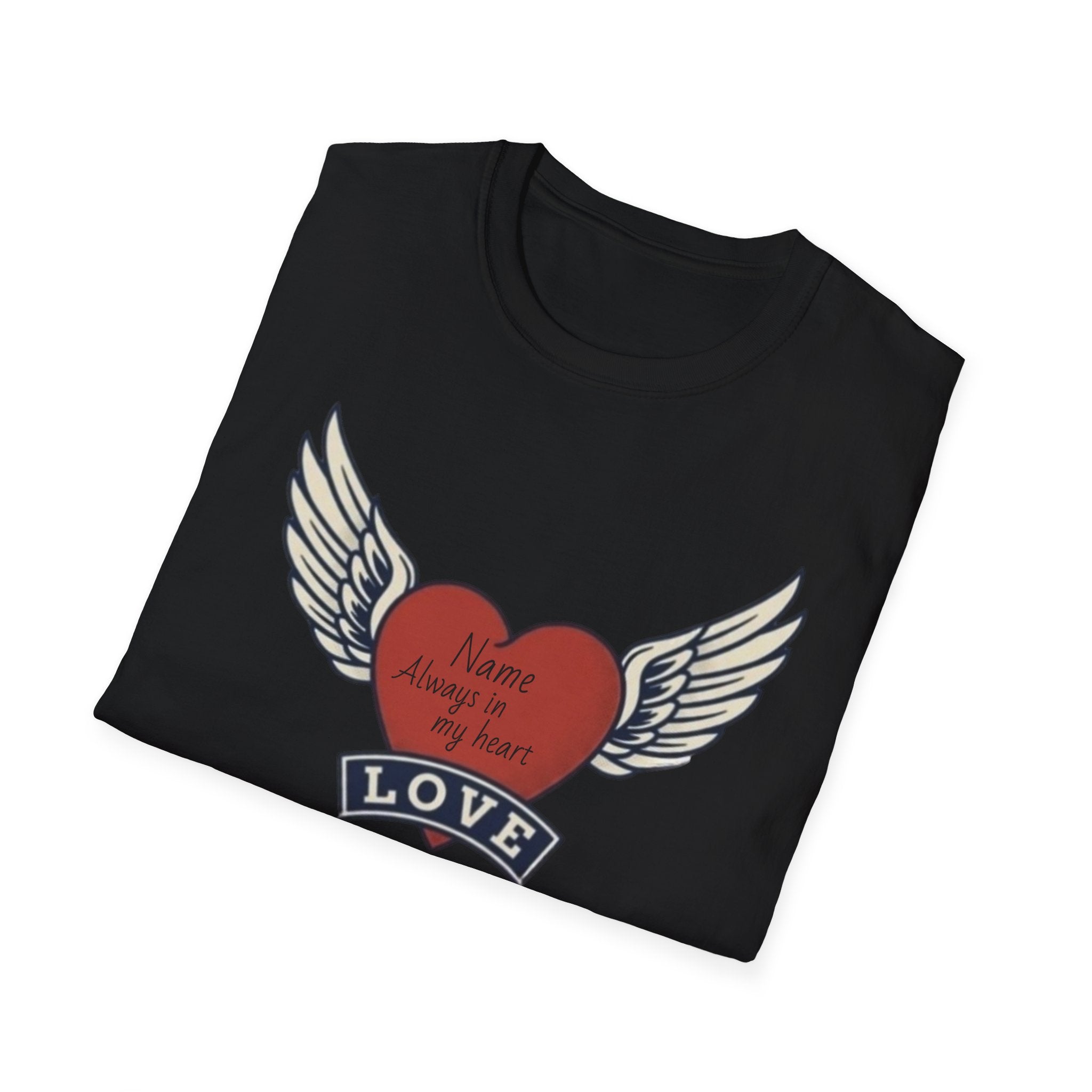 Memorial Heart Wings T-Shirt — Personalized 'Love, Remember' with Name & Date