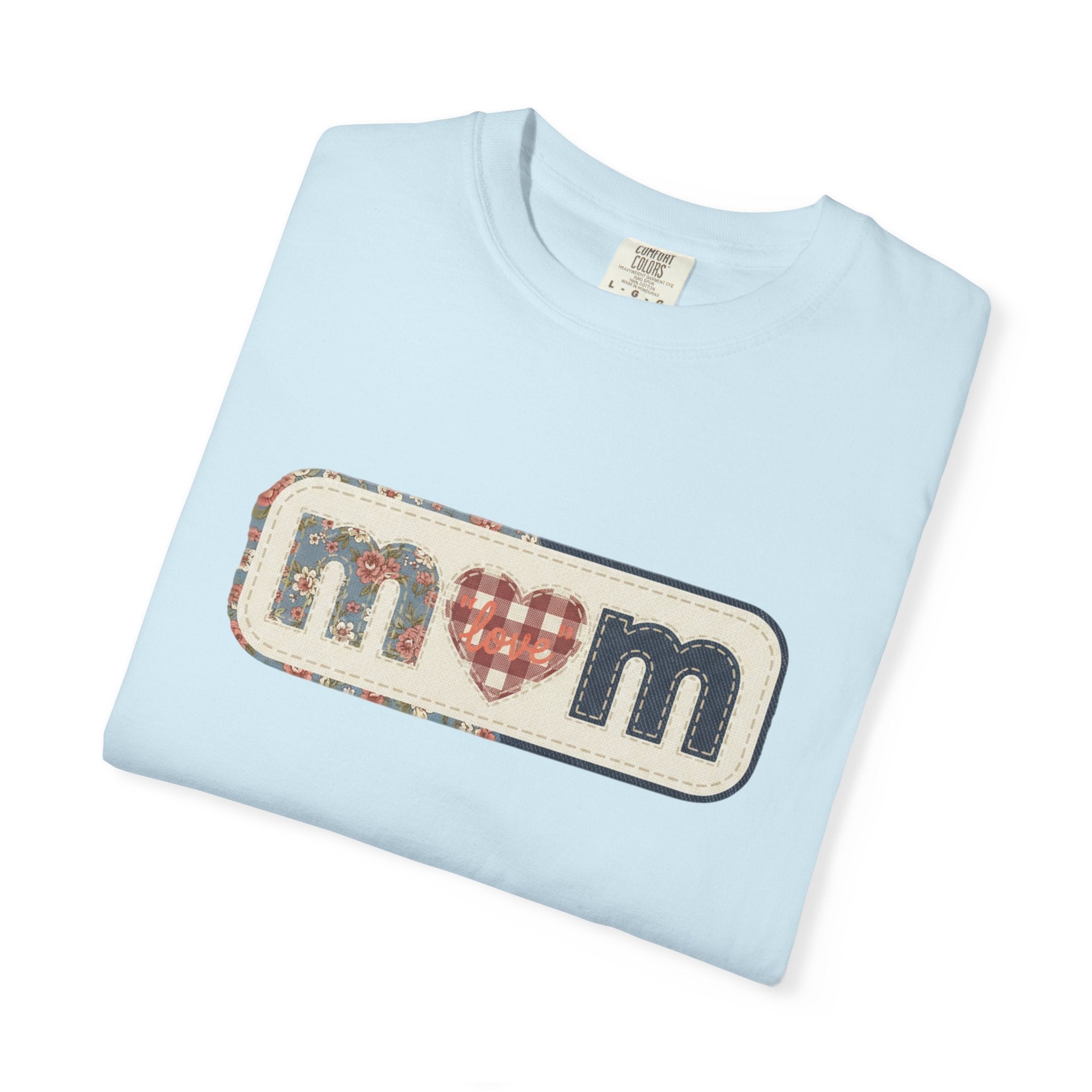 Mom  Faux Patch T-Shirt —Faux Plaid Heart Vintage Mom Tee
