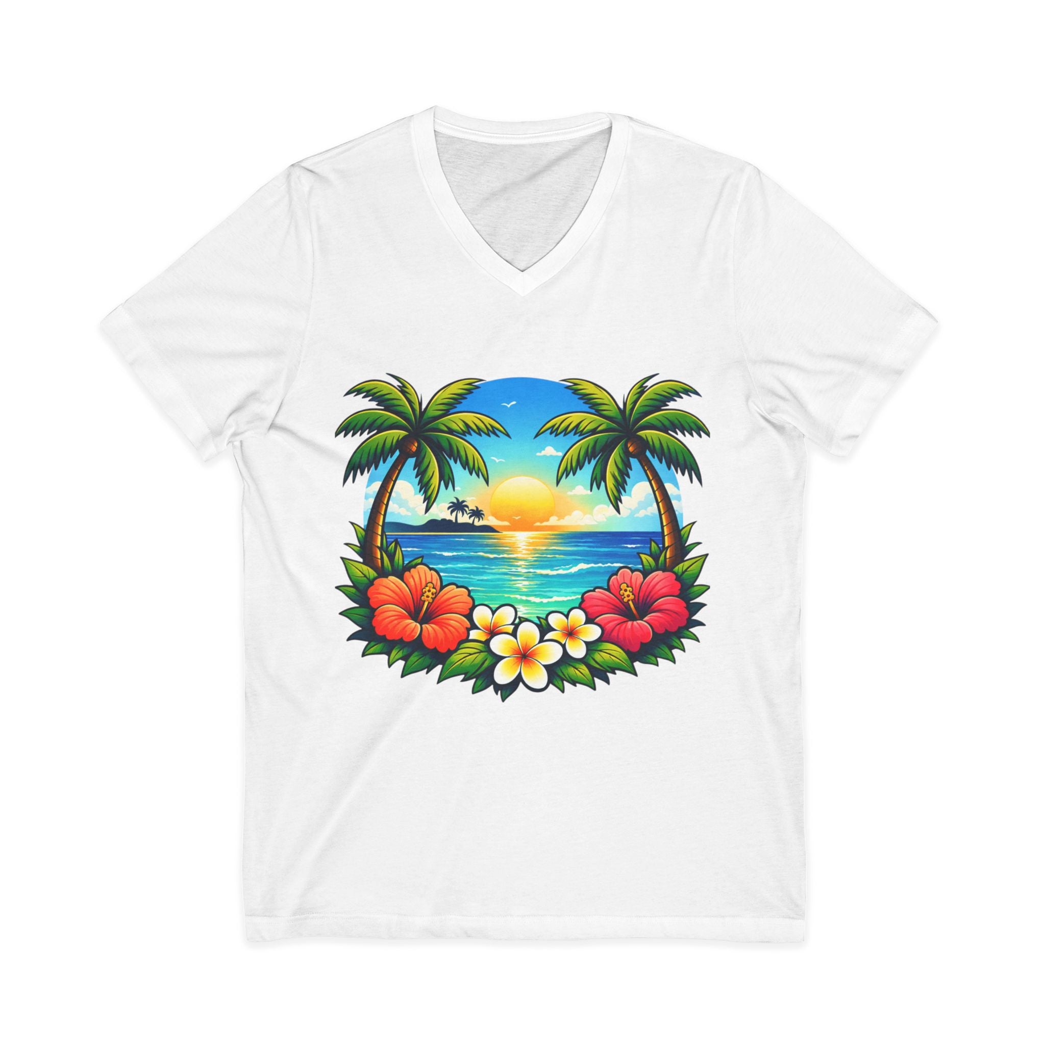 Tropical Sunset V-Neck Tee — Hawaiian Palm & Hibiscus Beach Shirt