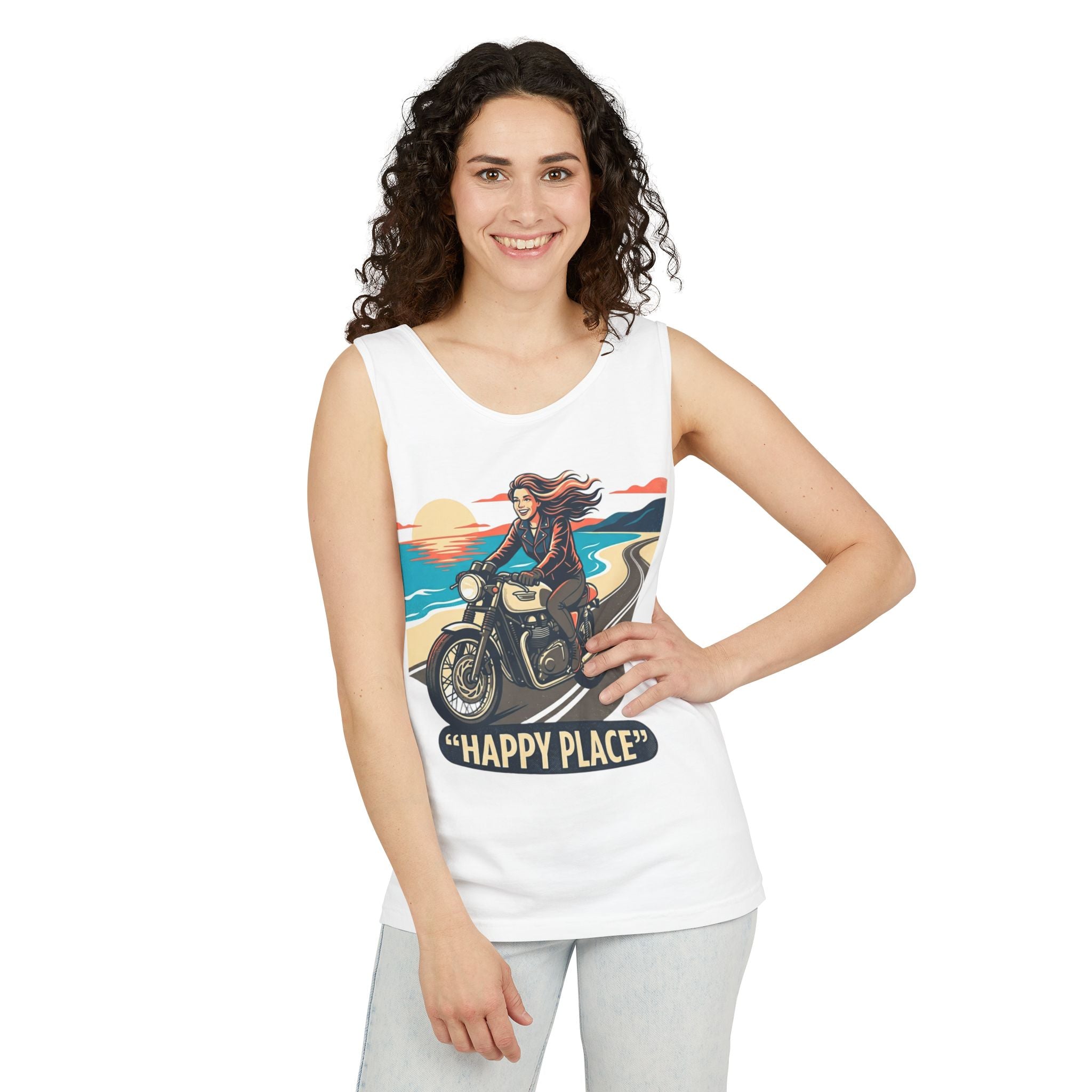 Motorcycle Tank Top — "Happy Place" Beach Ride Graphic Tank