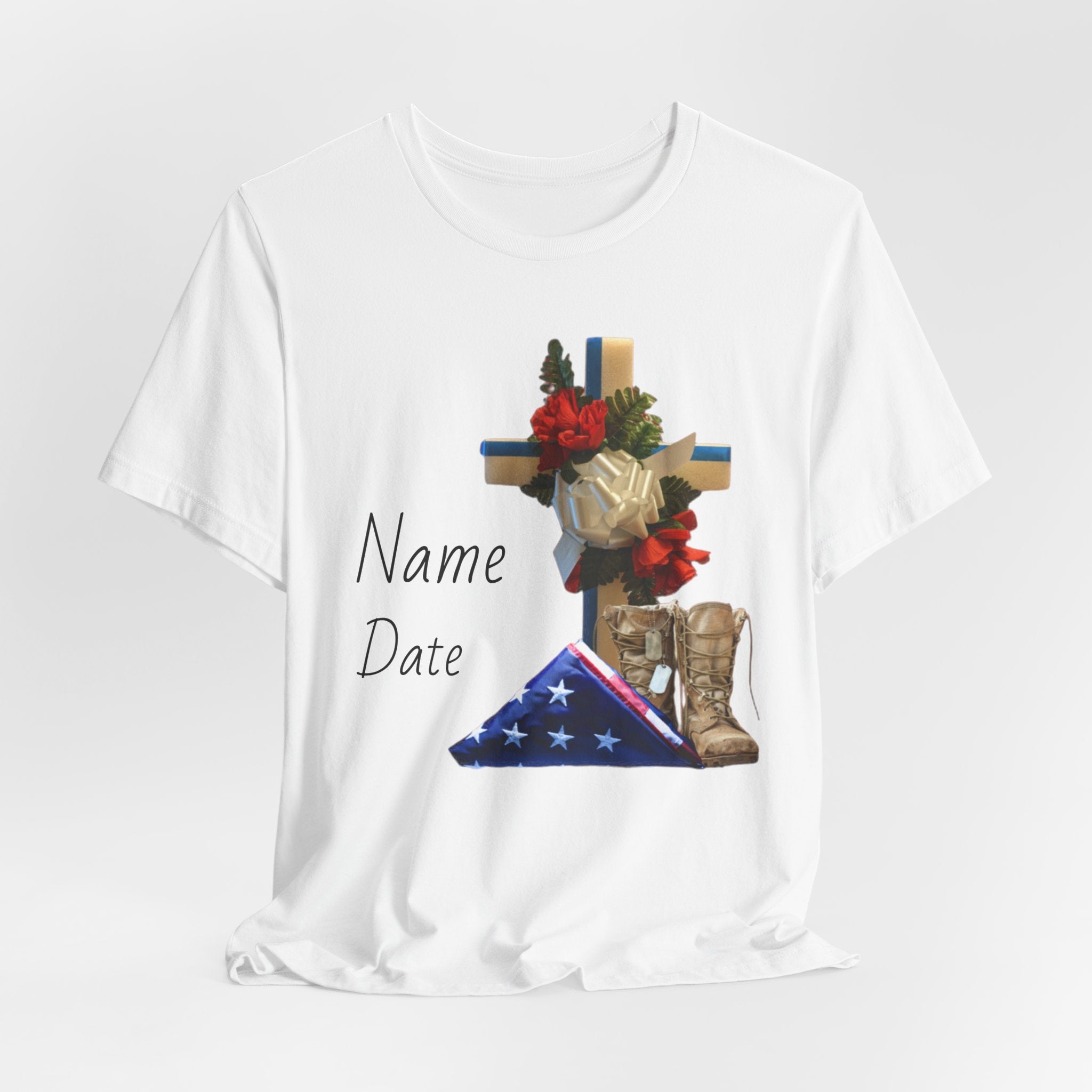 Veterans Tribute T-Shirt — Cross, Folded Flag & Combat Boots Memorial Tee
