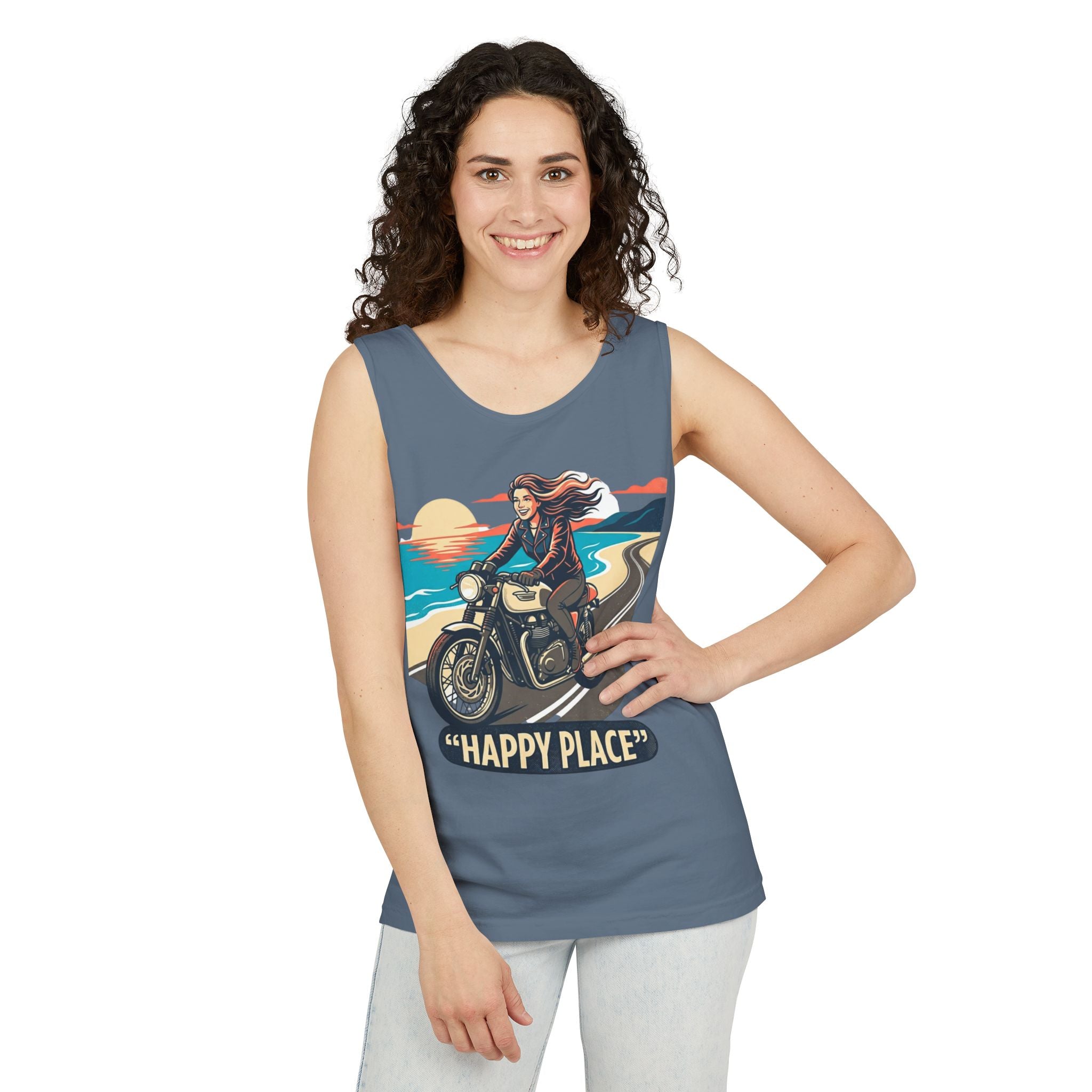 Motorcycle Tank Top — "Happy Place" Beach Ride Graphic Tank