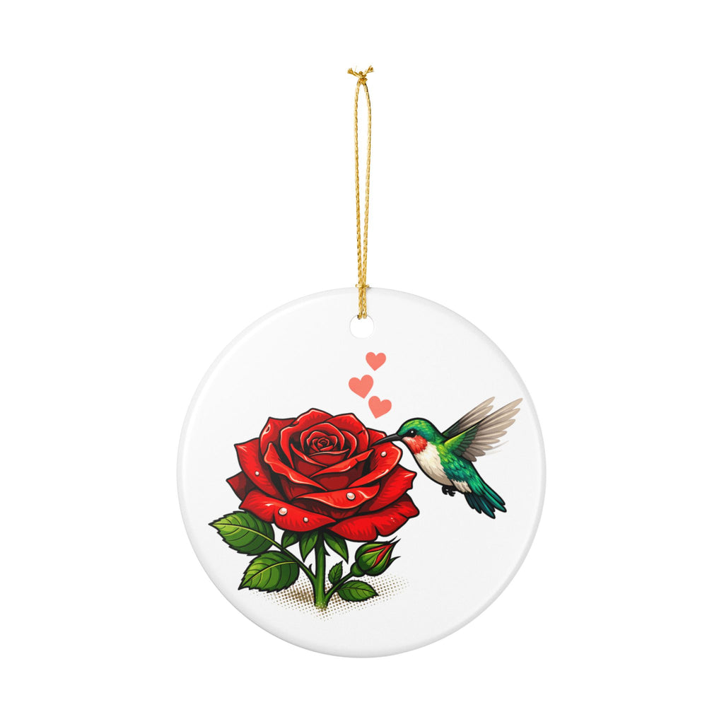Hummingbird & Red Rose Ceramic Ornament – Valentine, Romantic Gift Decoration