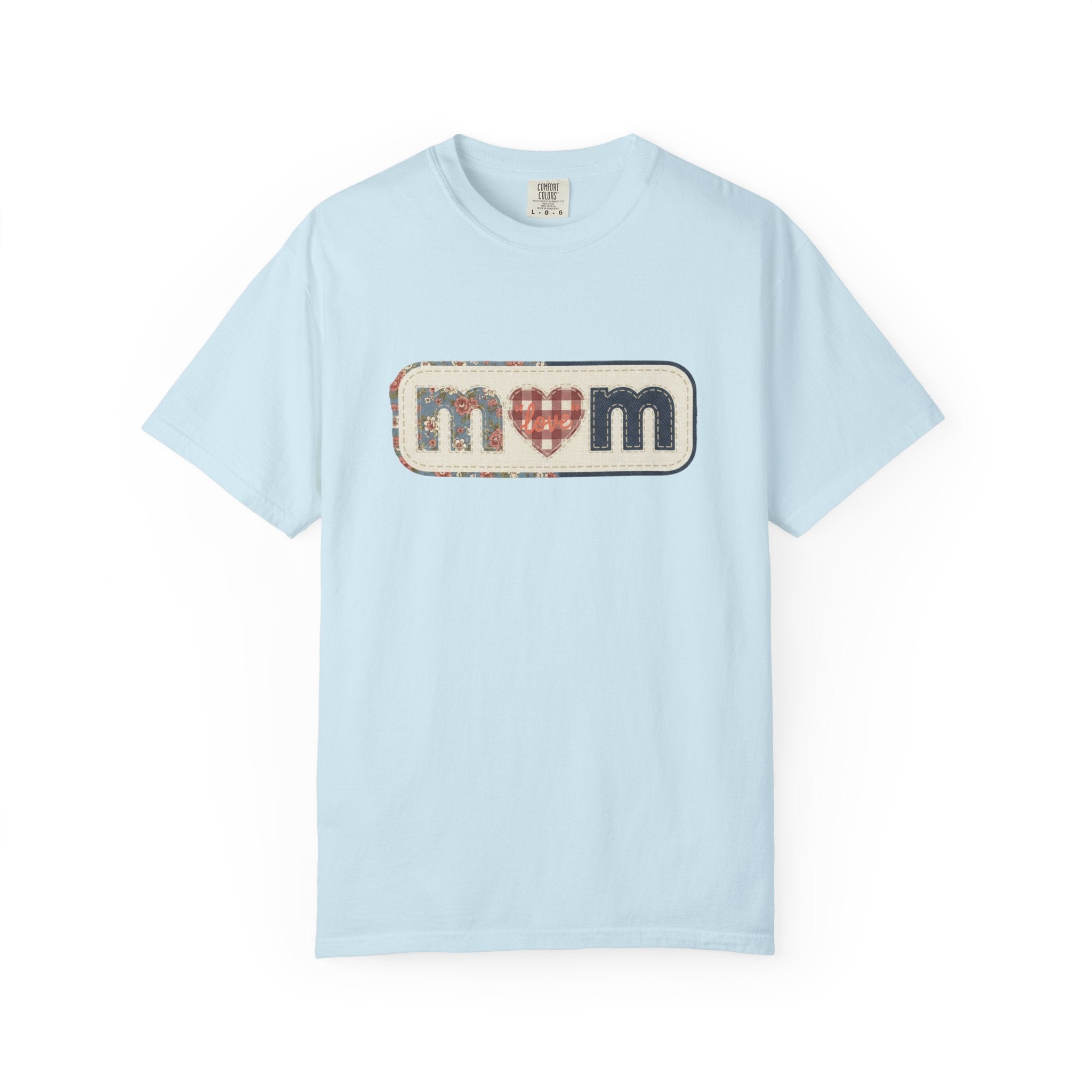 Mom  Faux Patch T-Shirt —Faux Plaid Heart Vintage Mom Tee