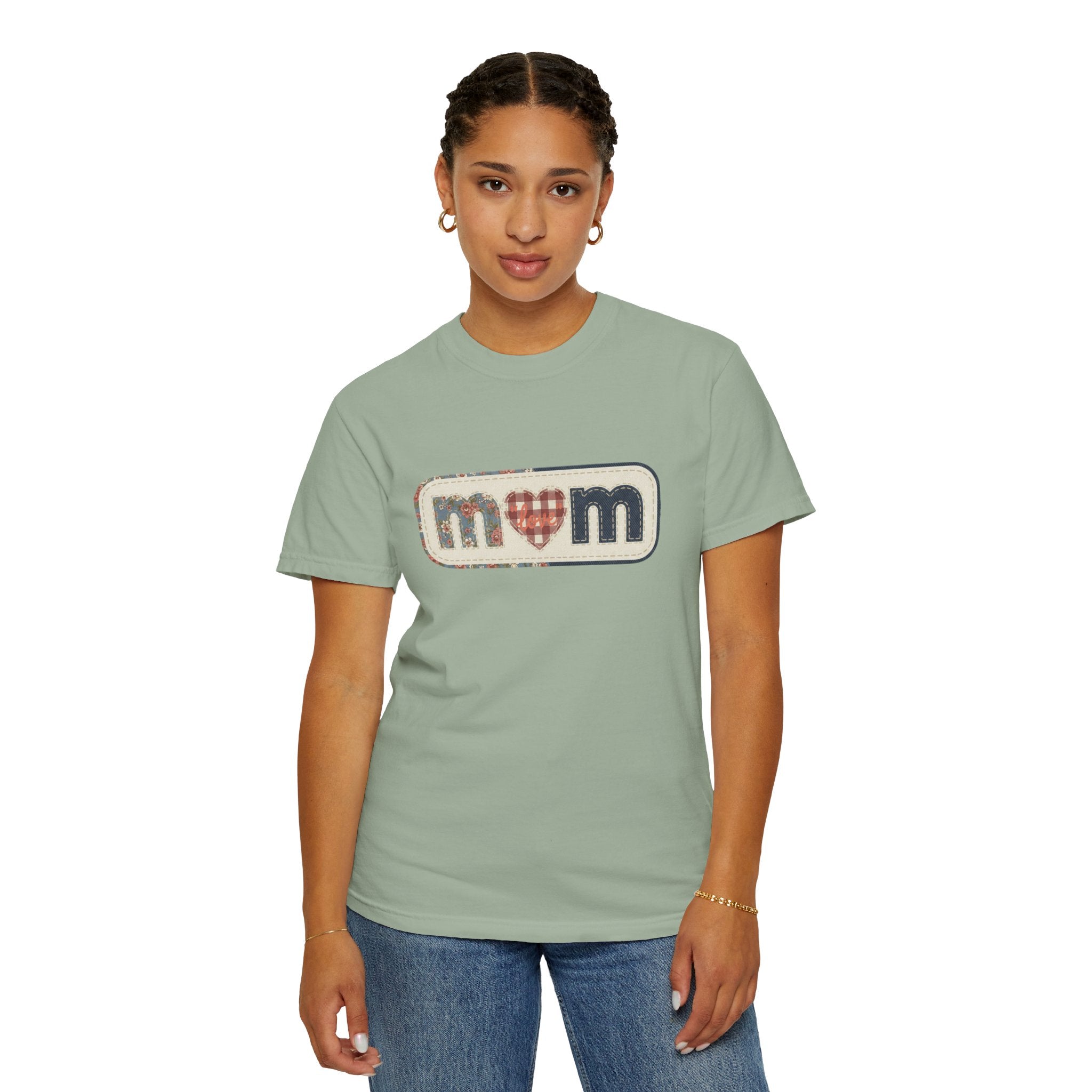 Mom  Faux Patch T-Shirt —Faux Plaid Heart Vintage Mom Tee